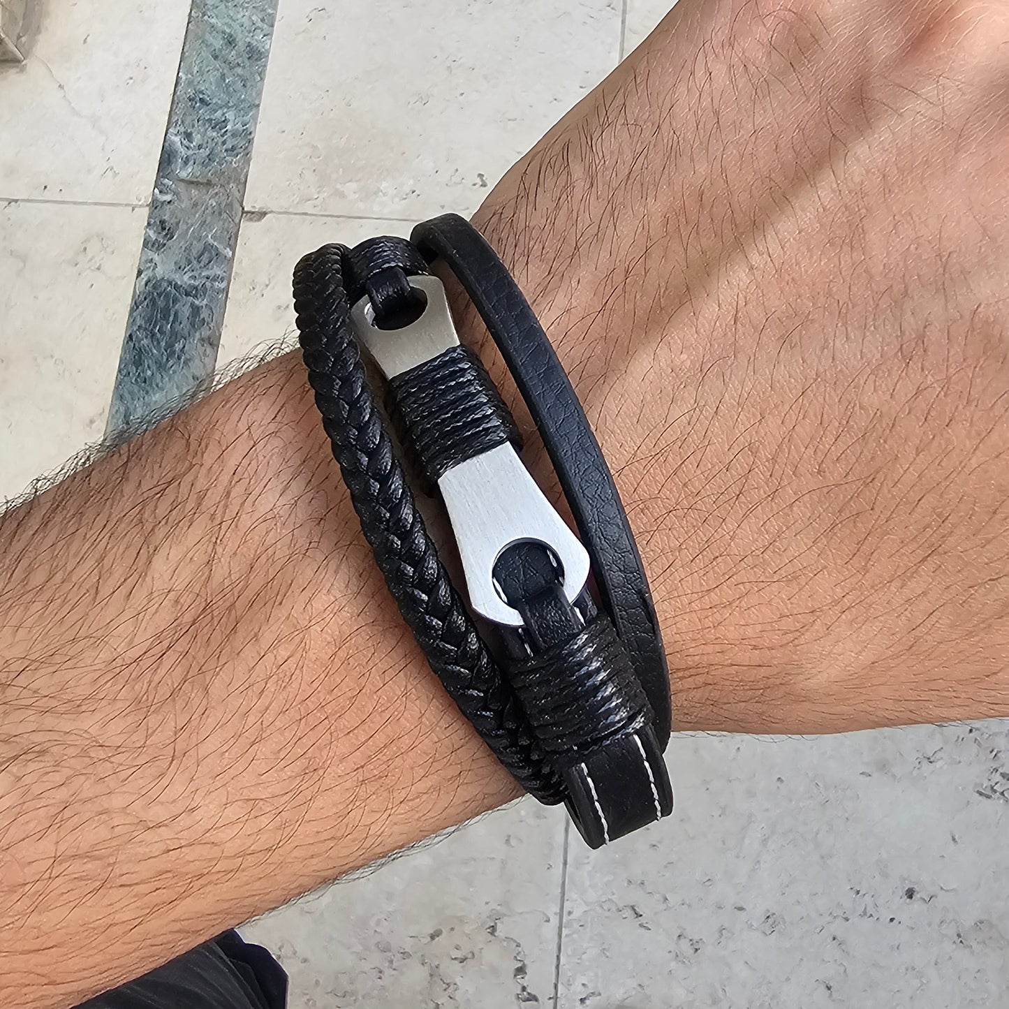 Mechanical Design Black Genuine Leather Silver Stainless Steel Bracelet L1215