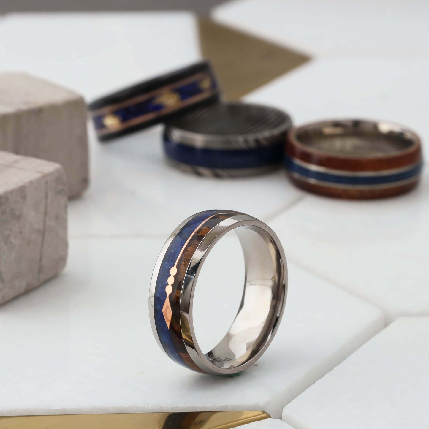 Silver Titanium Ring with Lapis Lazuli & Zebra Wood - Rose Gold Arrow - 8mm - A177
