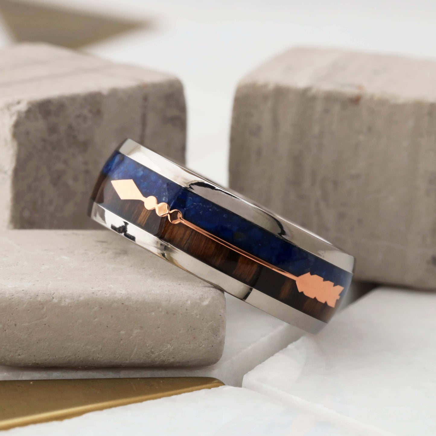 Silver Titanium Ring with Lapis Lazuli & Zebra Wood - Rose Gold Arrow - 8mm - A177