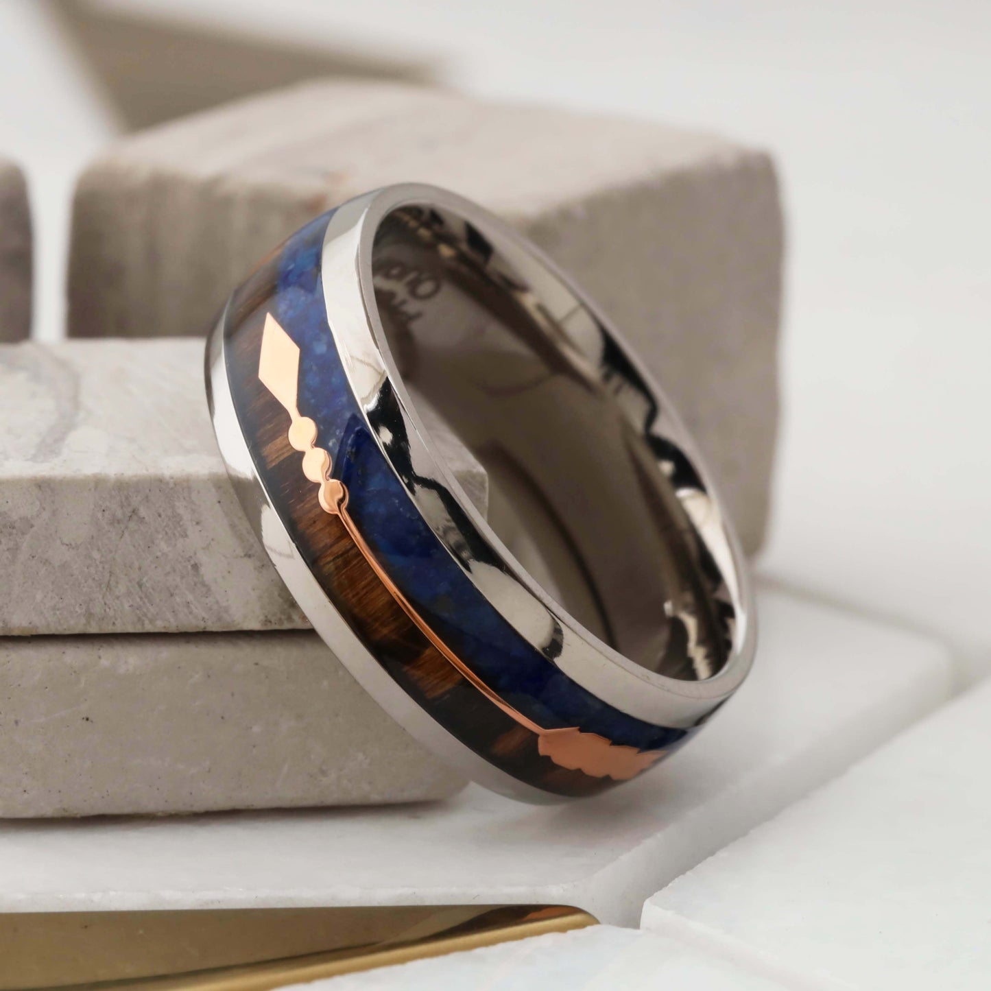 Silver Titanium Ring with Lapis Lazuli & Zebra Wood - Rose Gold Arrow - 8mm - A177