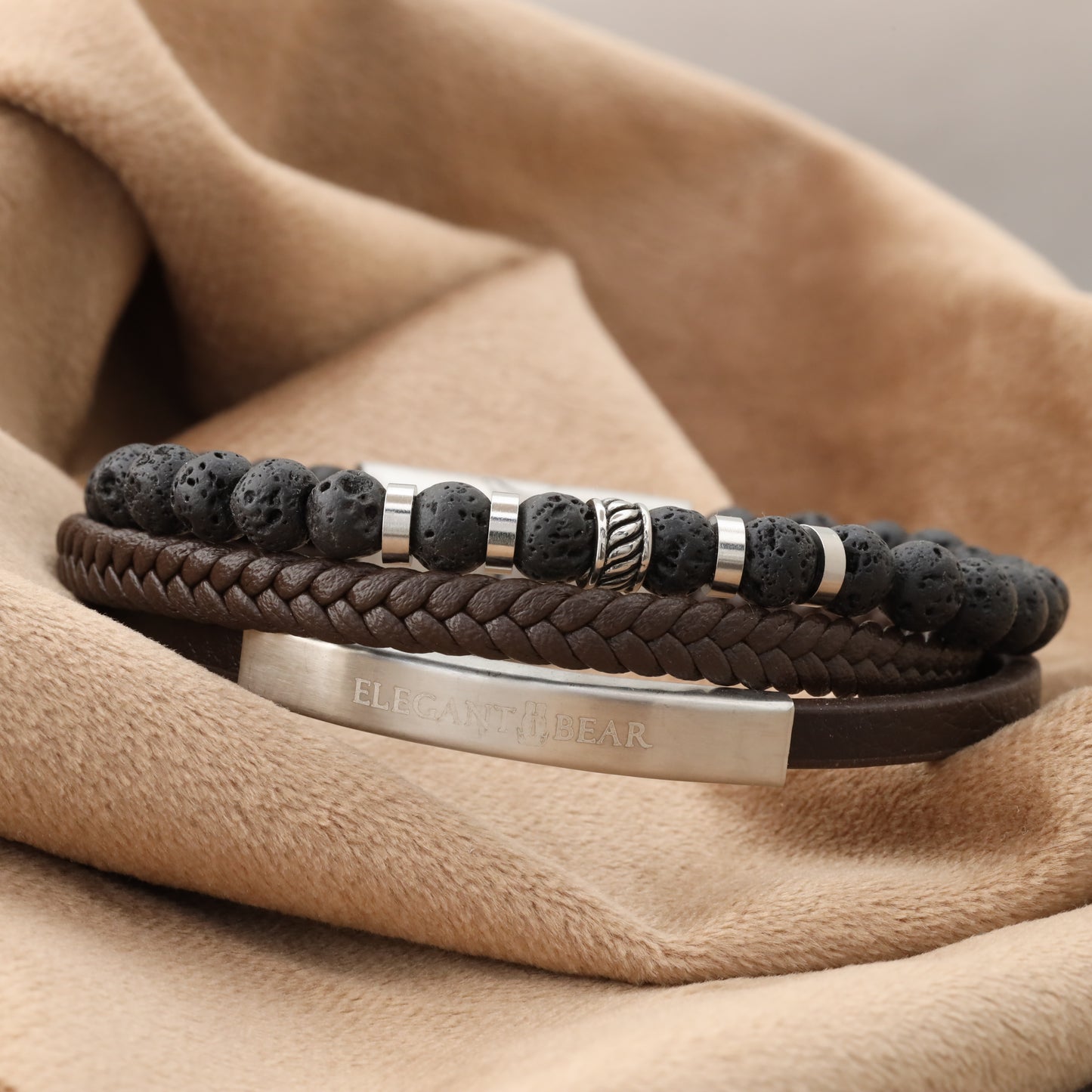 Lava Brown Genuine Leather Silver Stainless Steel Bracelet L1133