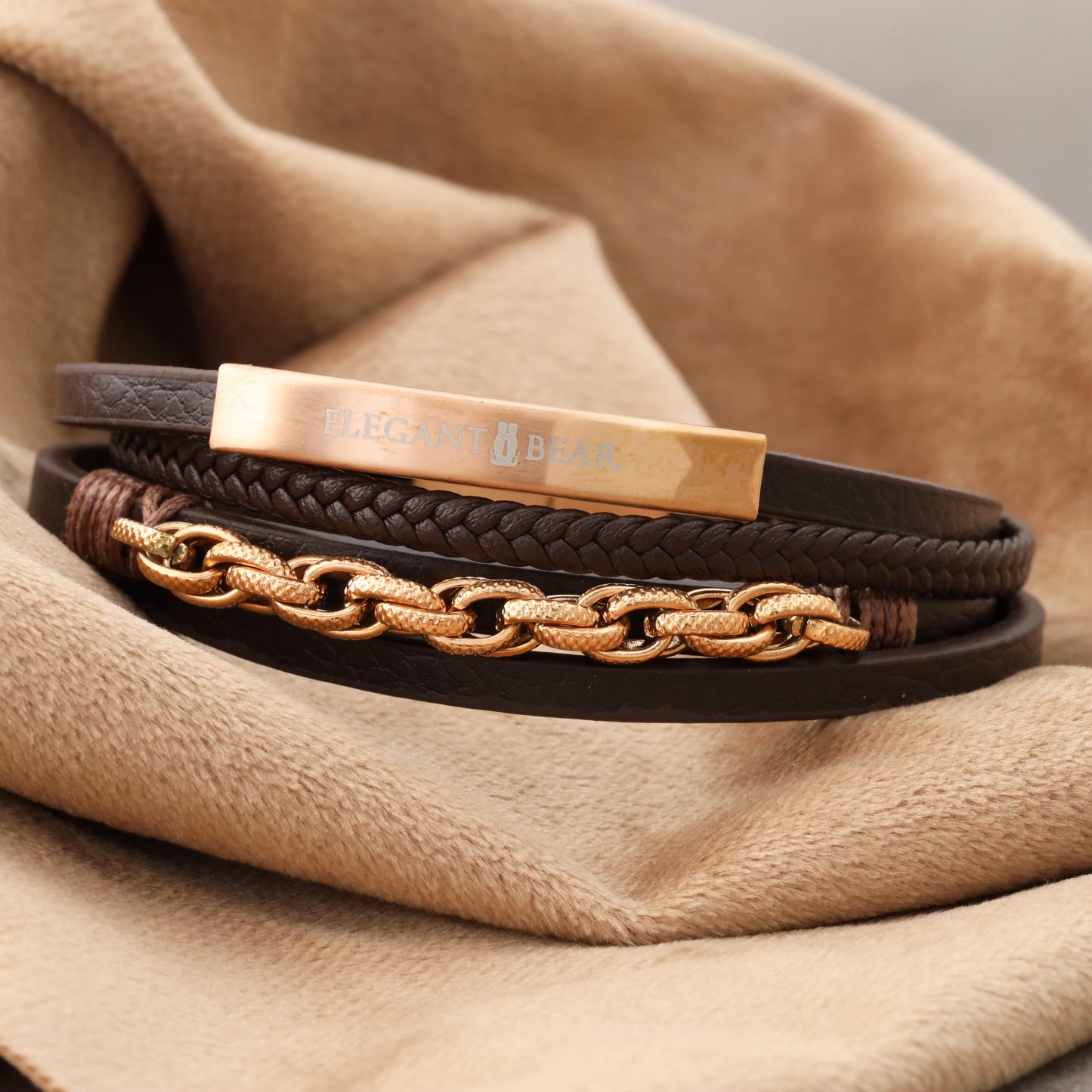 Elegant Bear men's bracelet made of dark brown leather with rose gold metal chain and magnetic closure(L1148)