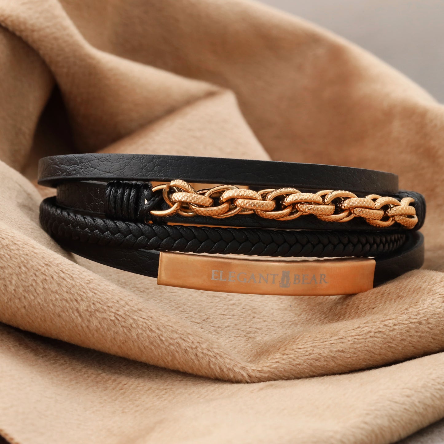 Elegant Bear men's bracelet made of black leather with rose gold metal chain and magnetic closure(L1146)