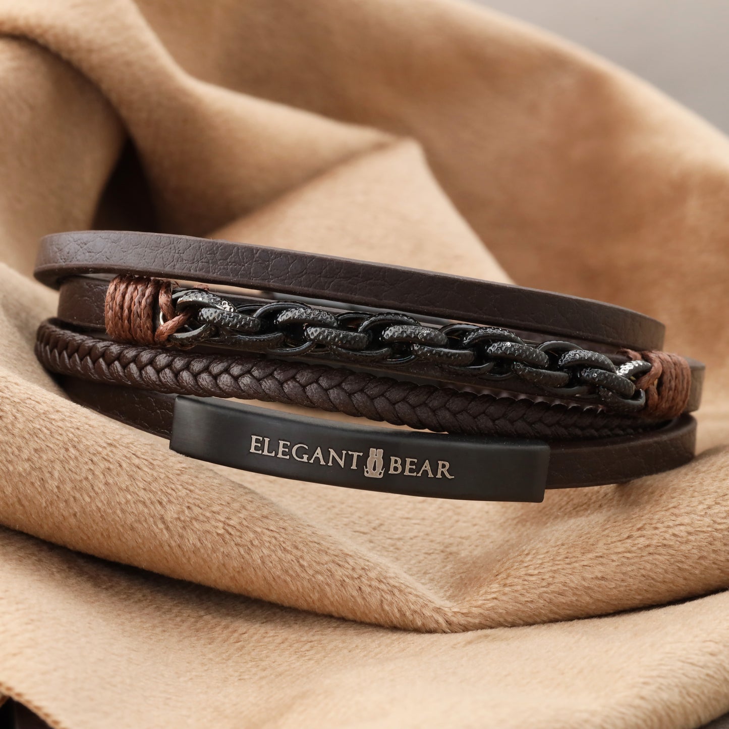 Elegant Bear men's bracelet made of dark brown leather with black metal chain and magnetic closure(L1142)