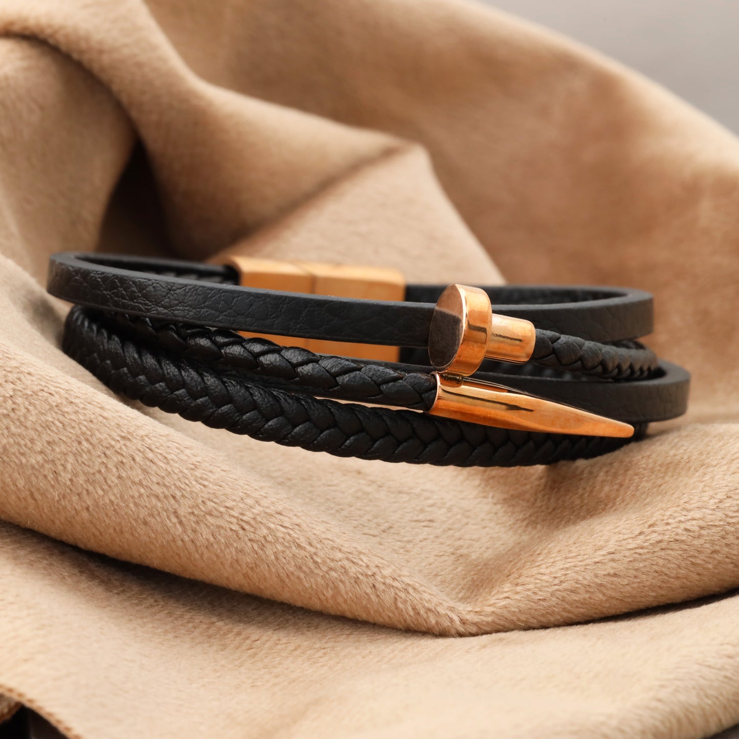 Nail Black Genuine Leather Rose Gold Stainless Steel Bracelet L1120