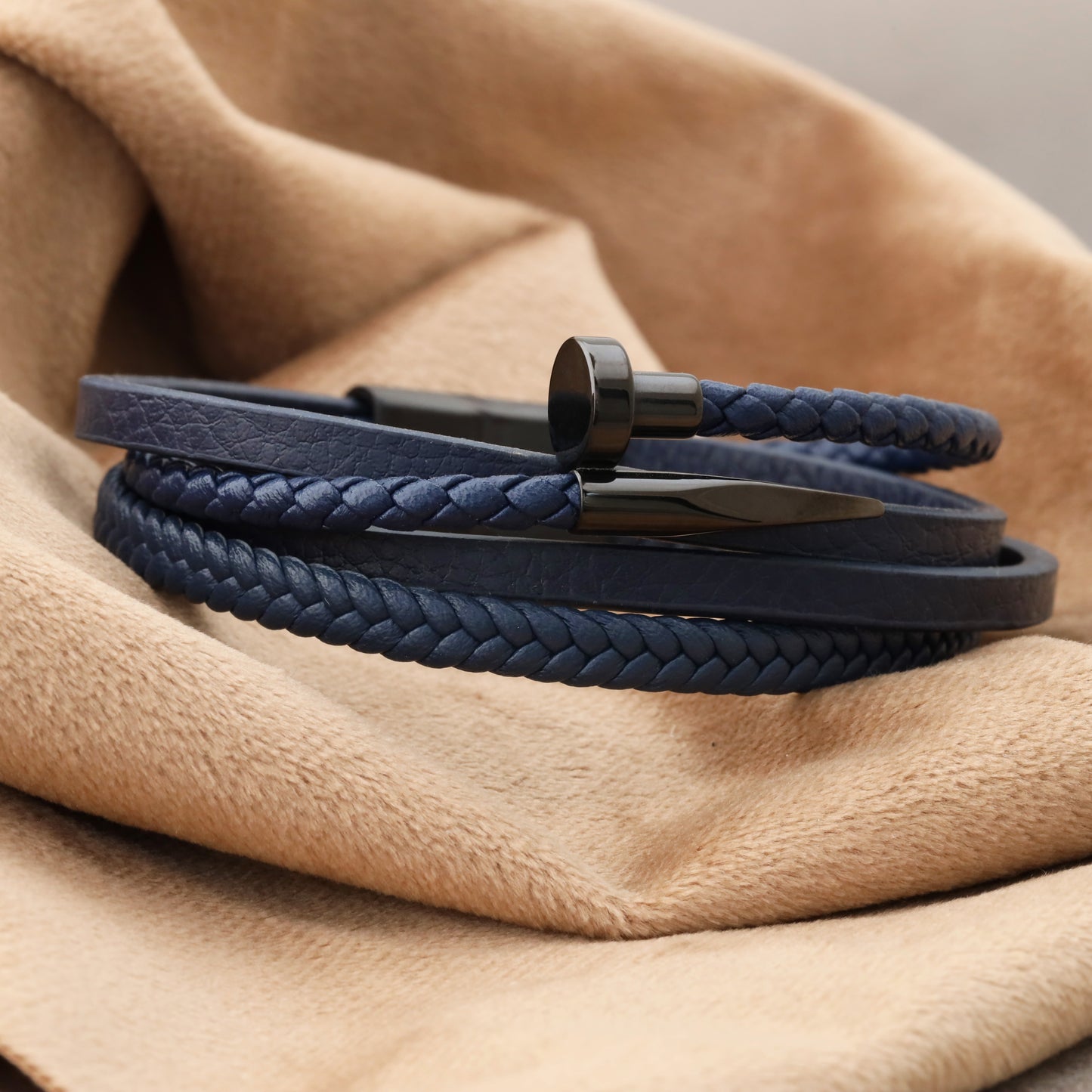 Elegant Bear men's bracelet made of blue leather with matte black metal and secure magnetic closure(L1144)