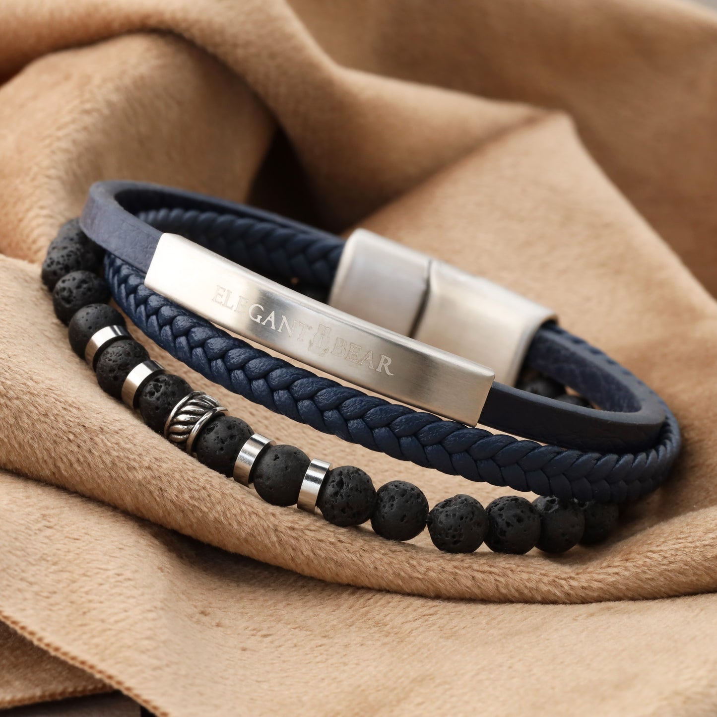 Elegant Men's Blue Genuine Leather Bracelet with Natural Stone Beads and Premium Stainless Steel(L1107)
