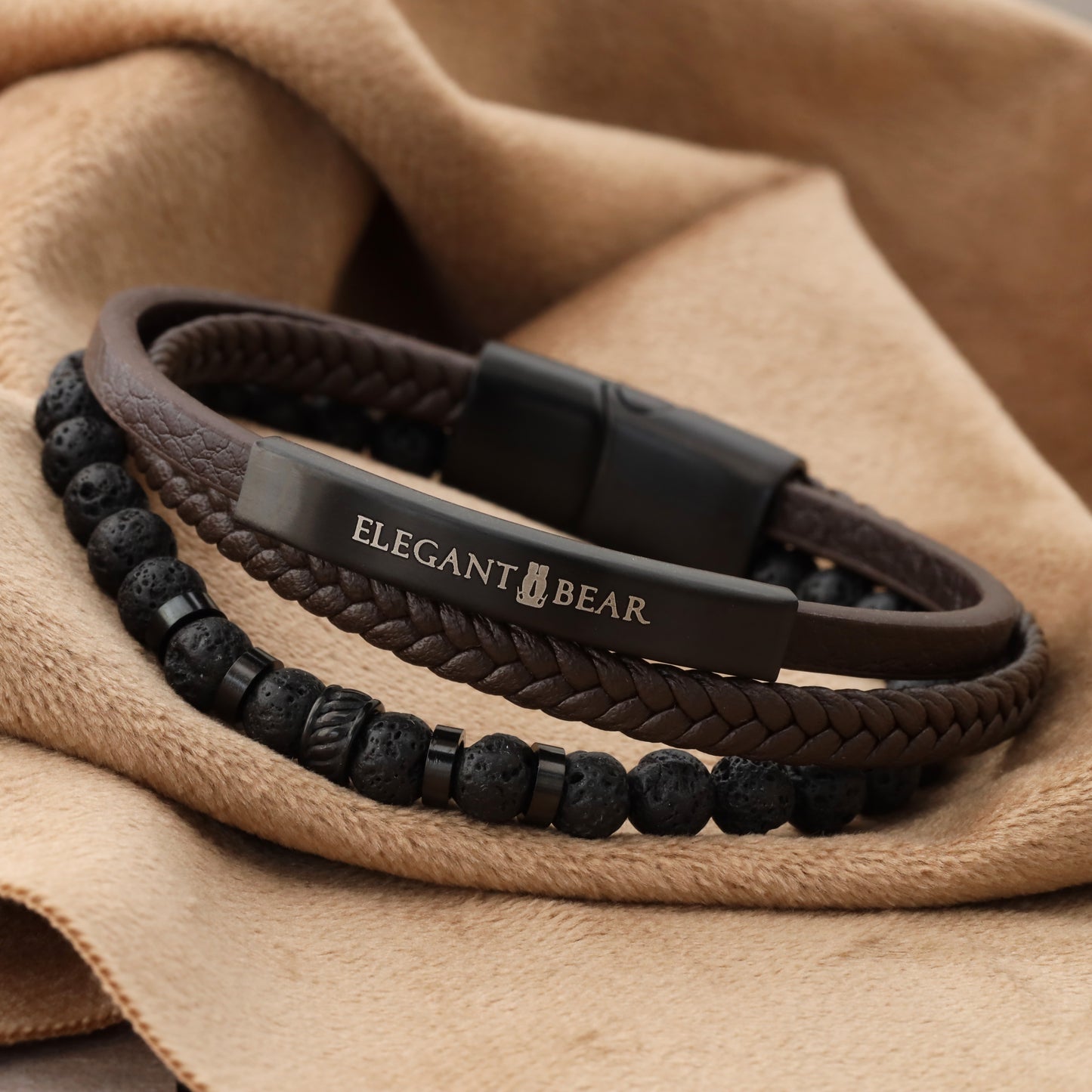 Elegant Men's Brown Genuine Leather Bracelet with Natural Stone Beads and Premium Stainless Steel(L1133)