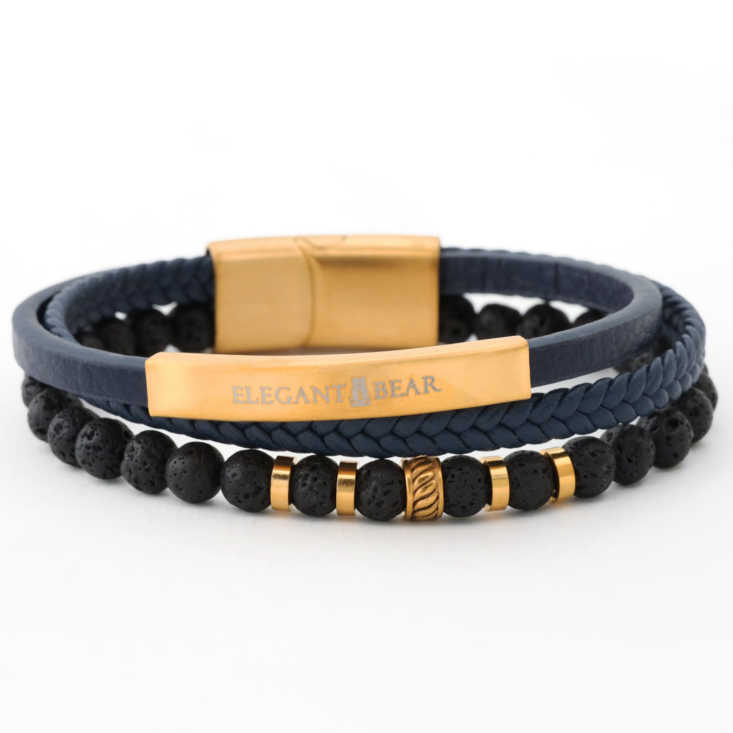 Elegant Men's Braided Leather Bracelet with Natural Stone Beads and Gold Accents (L1132)