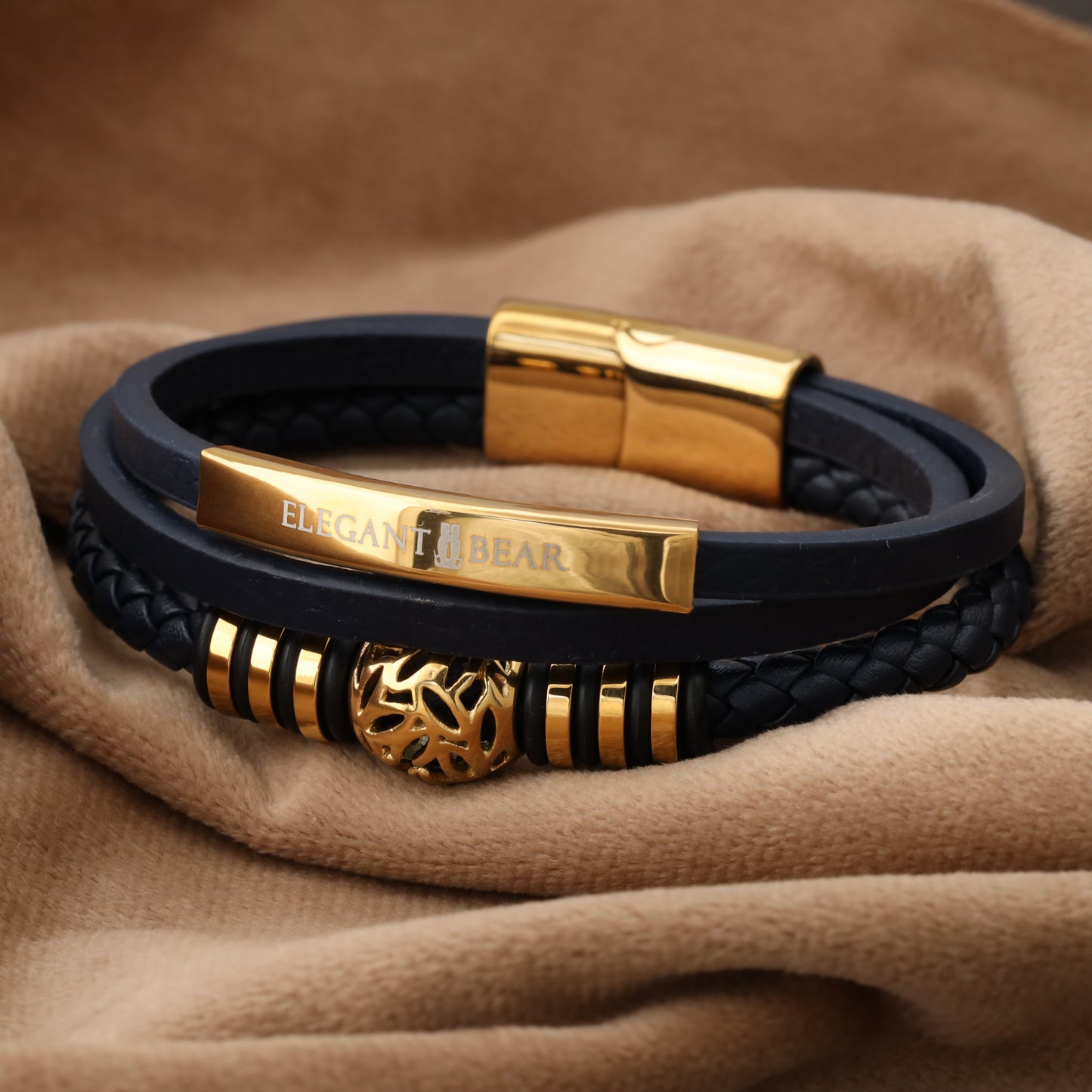 Autumn Ball Blue Genuine Leather Gold Stainless Steel Bracelet L1225