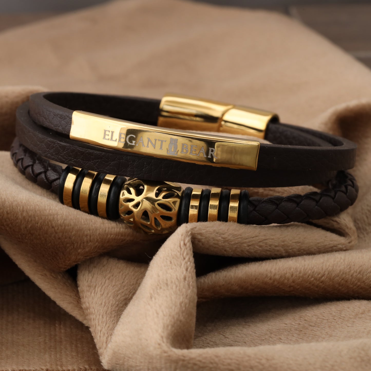 Autumn Ball Brown Genuine Leather Gold Stainless Steel Bracelet L1224