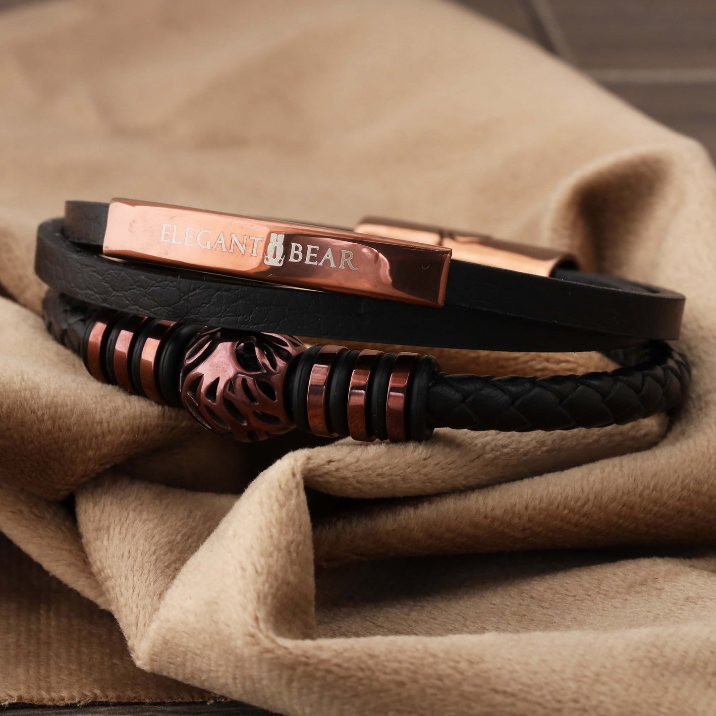Autumn Ball Black Genuine Leather Brown Stainless Steel Bracelet L1228