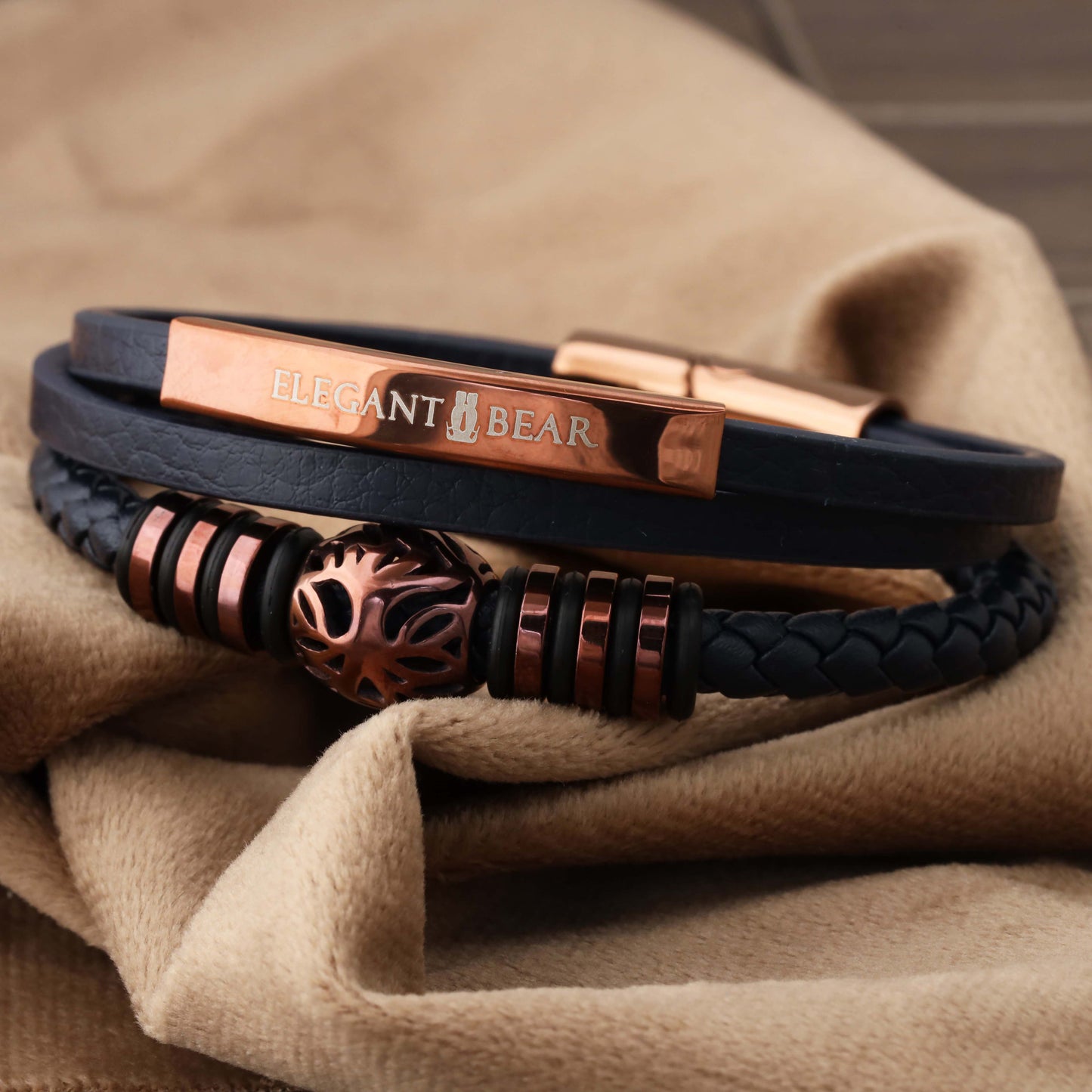 Autumn Ball Blue Genuine Leather Brown Stainless Steel Bracelet L1229