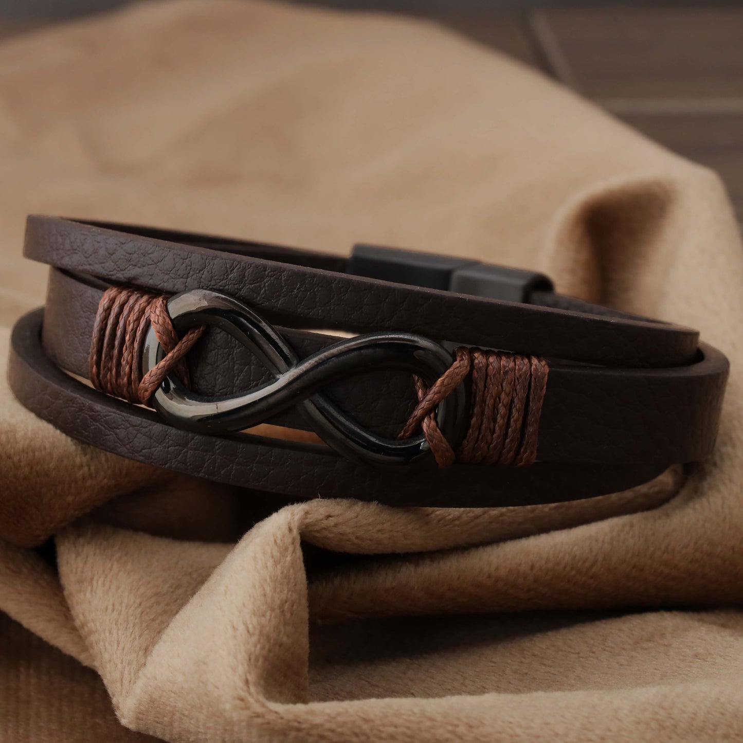 infinity Brown Genuine Leather Black Stainless Steel Bracelet L1202