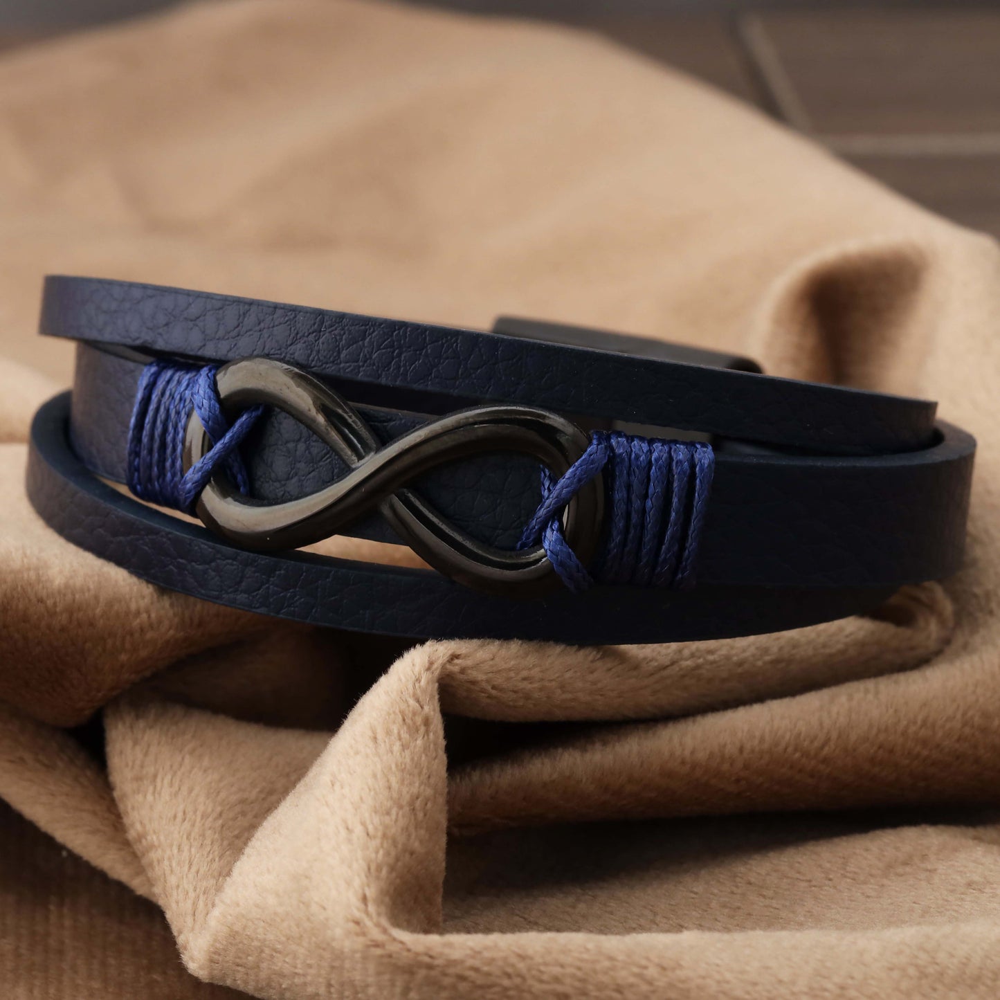 infinity Blue Genuine Leather Black Stainless Steel Bracelet L1200