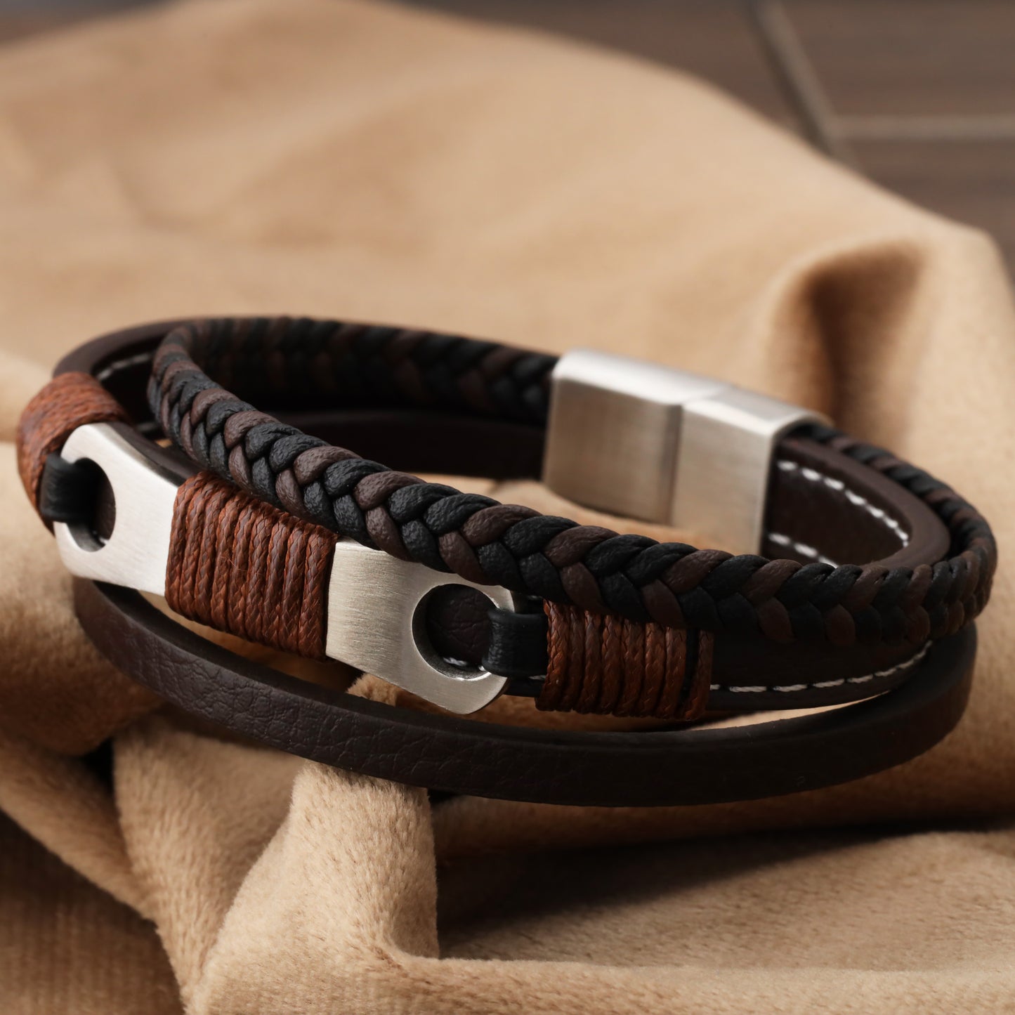 Mechanical Design Brown Genuine Leather Silver Stainless Steel Bracelet L1217