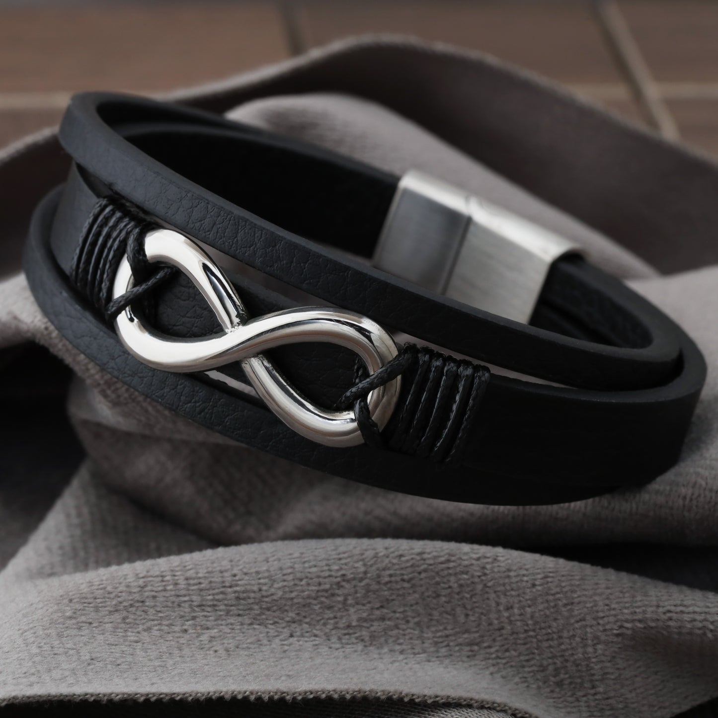 infinity Black Genuine Leather Silver Stainless Steel Bracelet L1205
