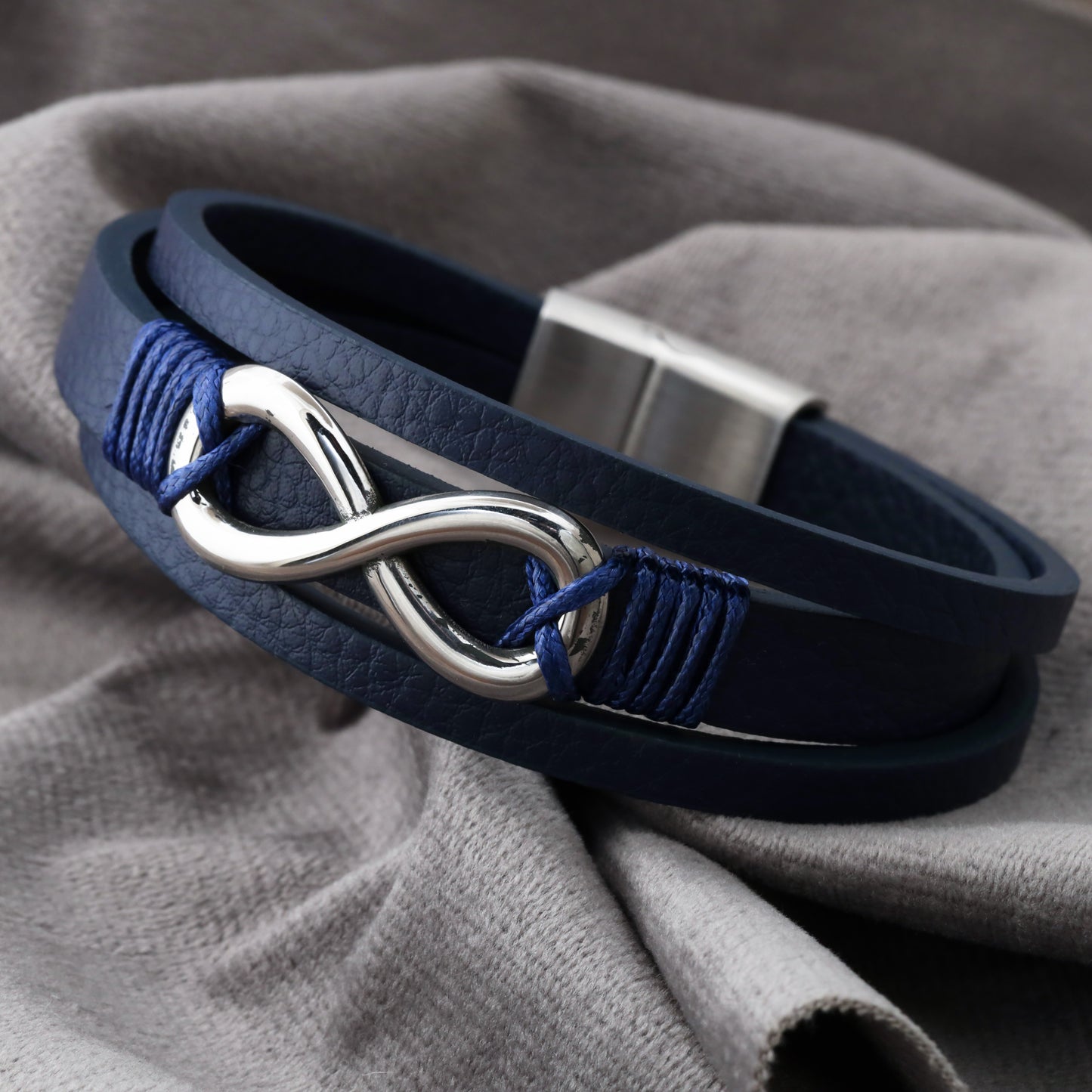 infinity Blue Genuine Leather Silver Stainless Steel Bracelet L1201