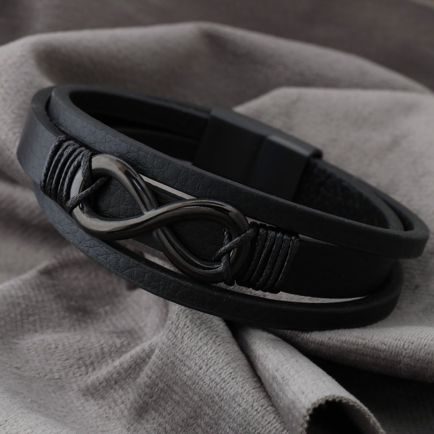 infinity Black Genuine Leather Black Stainless Steel Bracelet L1204