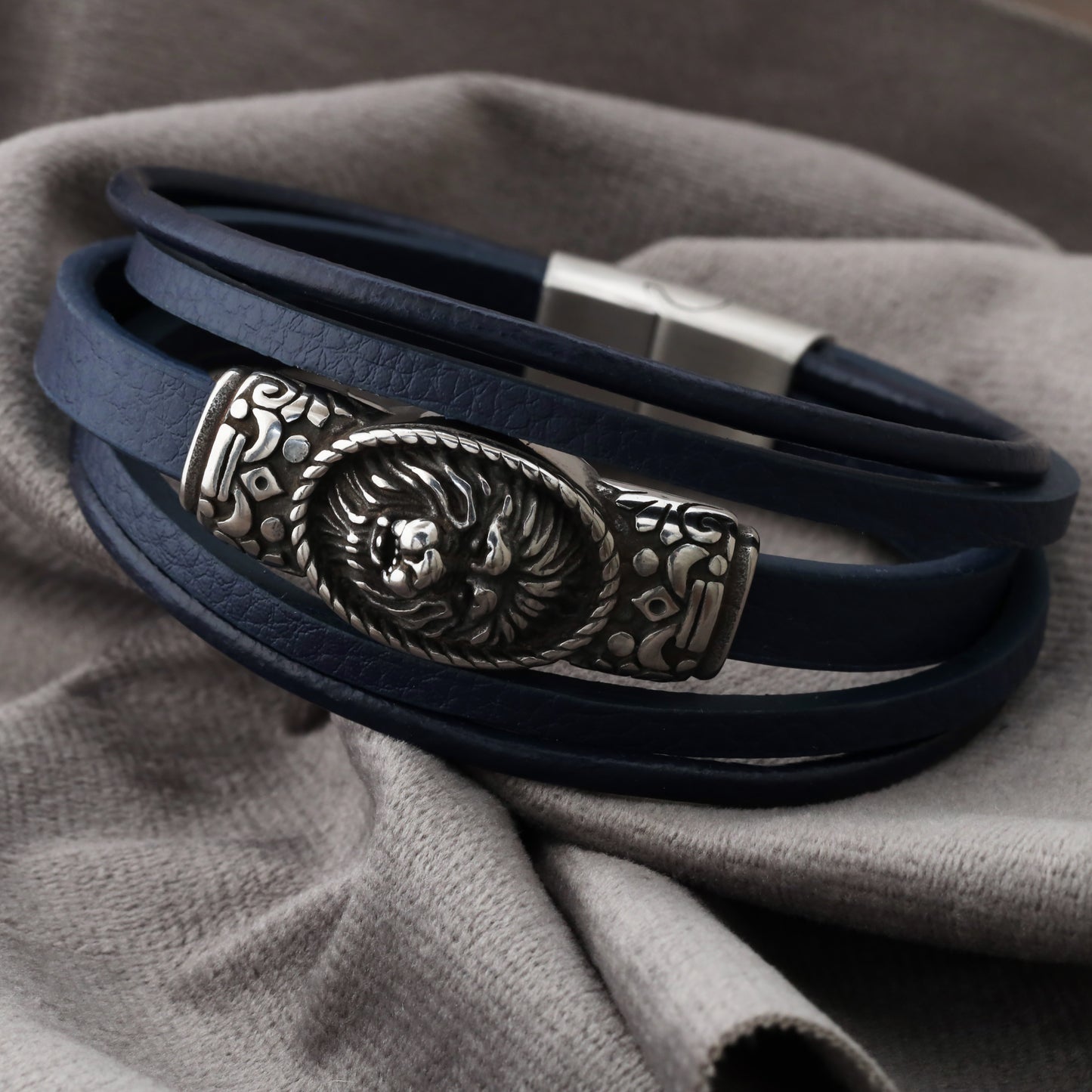 Lion Sealing Blue Genuine Leather Silver Stainless Steel Bracelet L1199