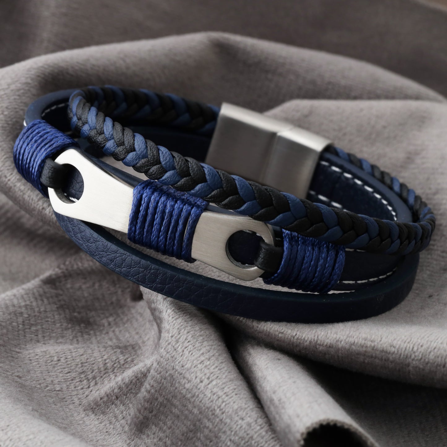 Mechanical Design Blue Genuine Leather Silver Stainless Steel Bracelet L1219