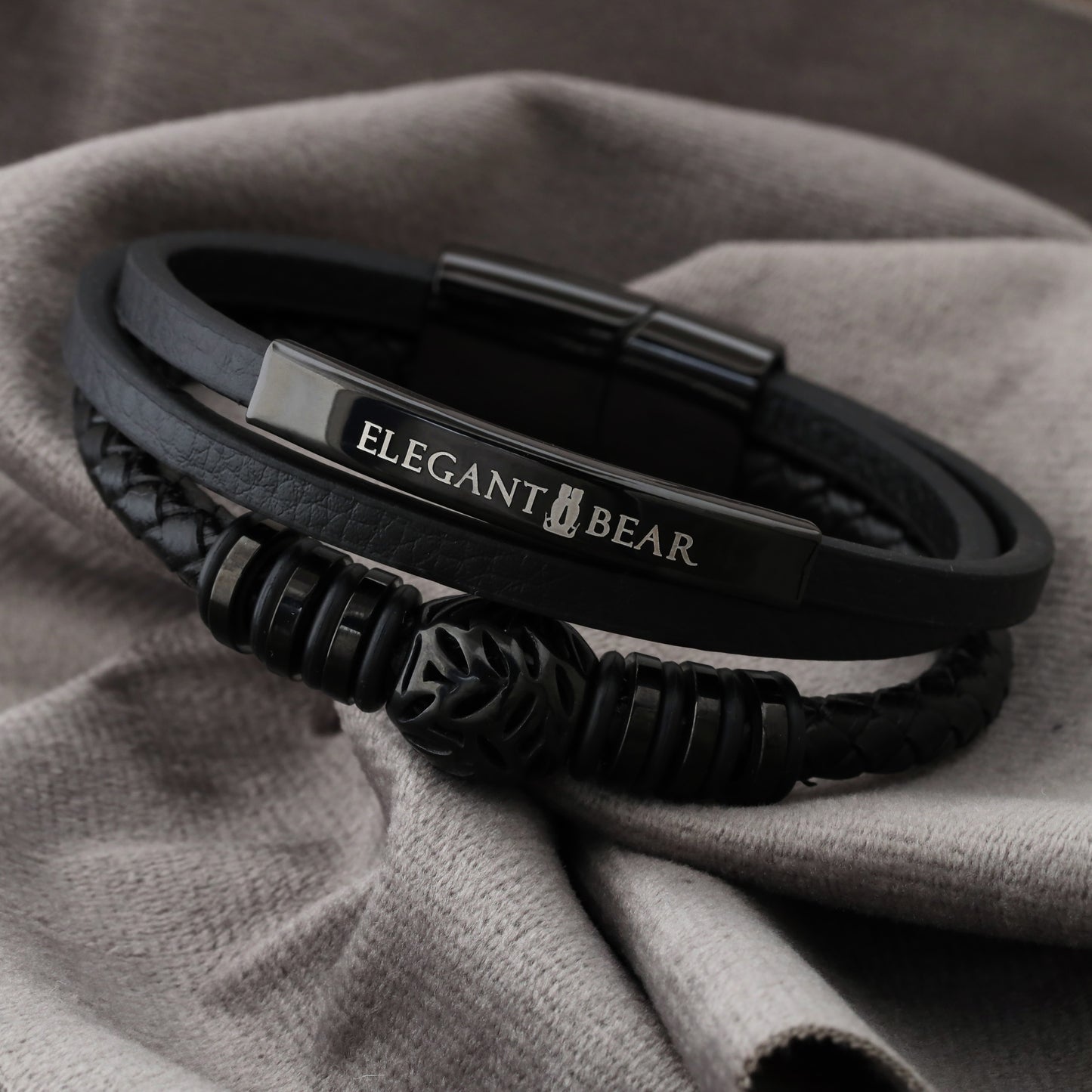 Autumn Ball Black Genuine Leather Black Stainless Steel Bracelet L1222