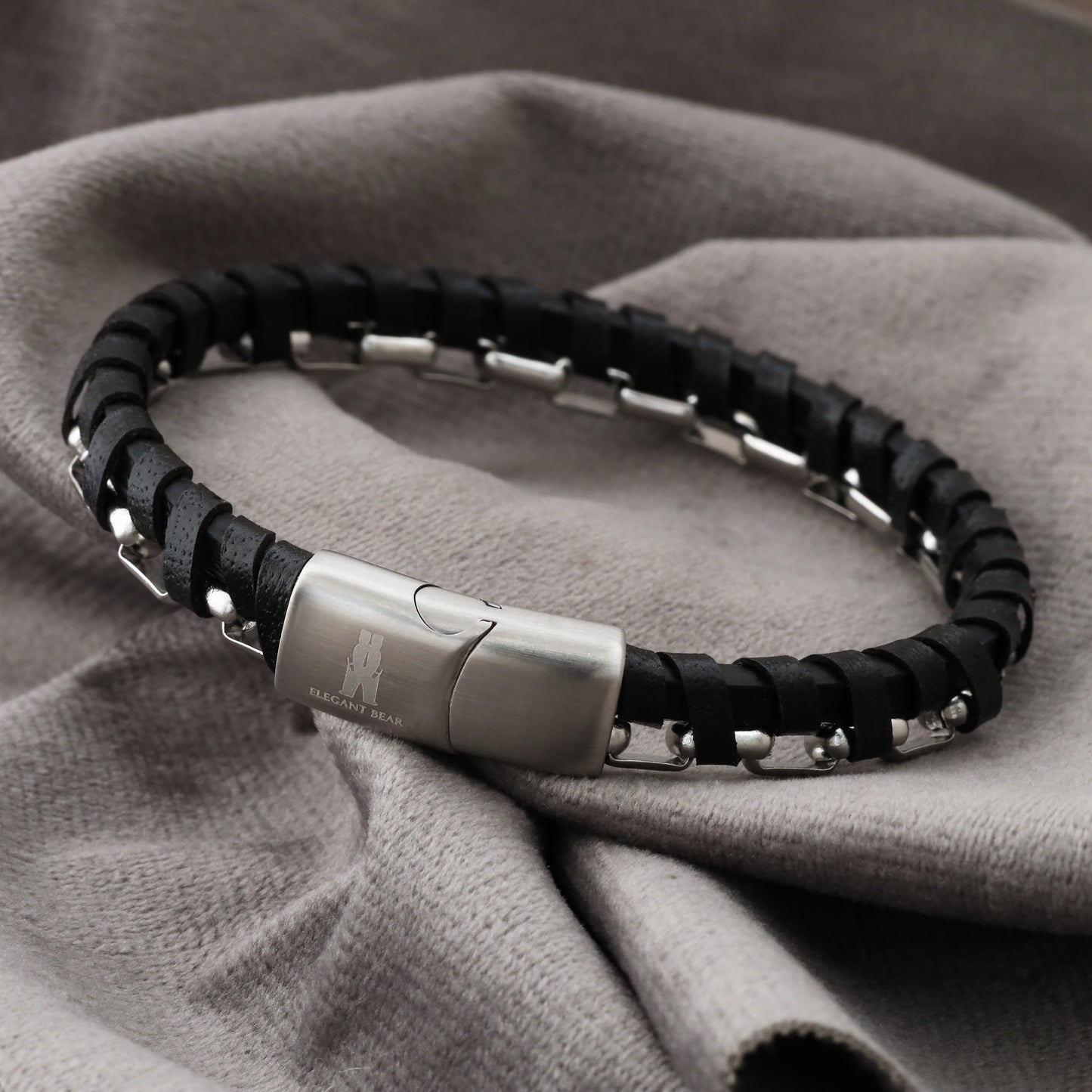 Half Cuban Chain Black Genuine Leather Silver Stainless Steel Bracelet L1206
