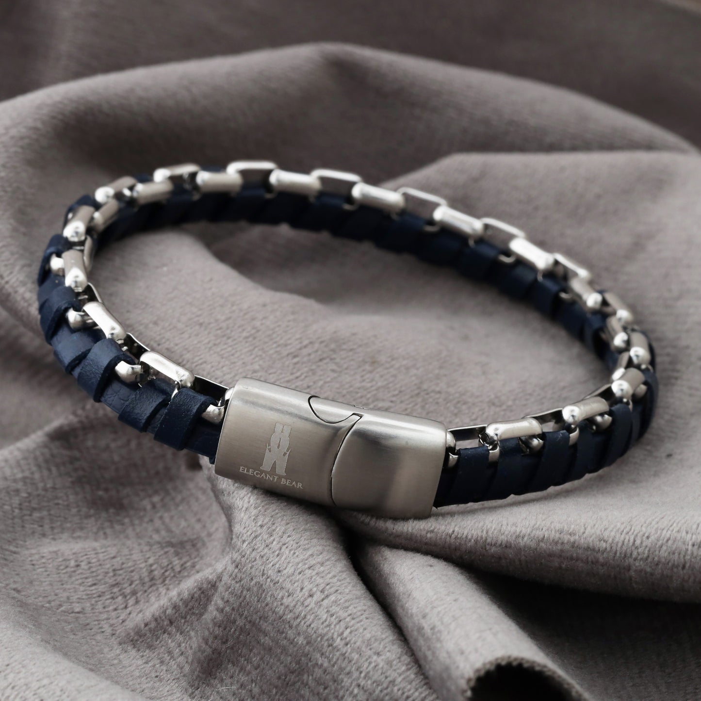 Half Cuban Chain Blue Genuine Leather Silver Stainless Steel Bracelet L1210