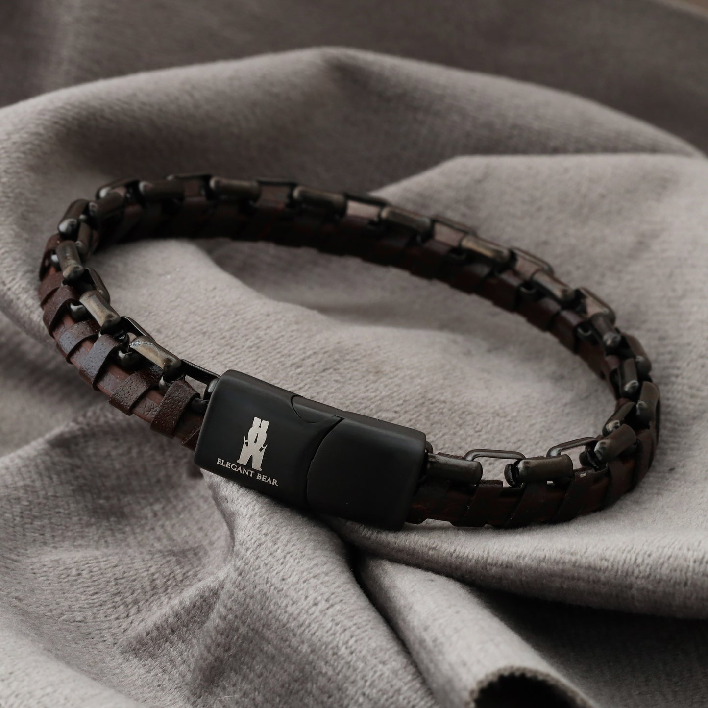 Half Cuban Chain Brown Genuine Leather Black Stainless Steel Bracelet L1208
