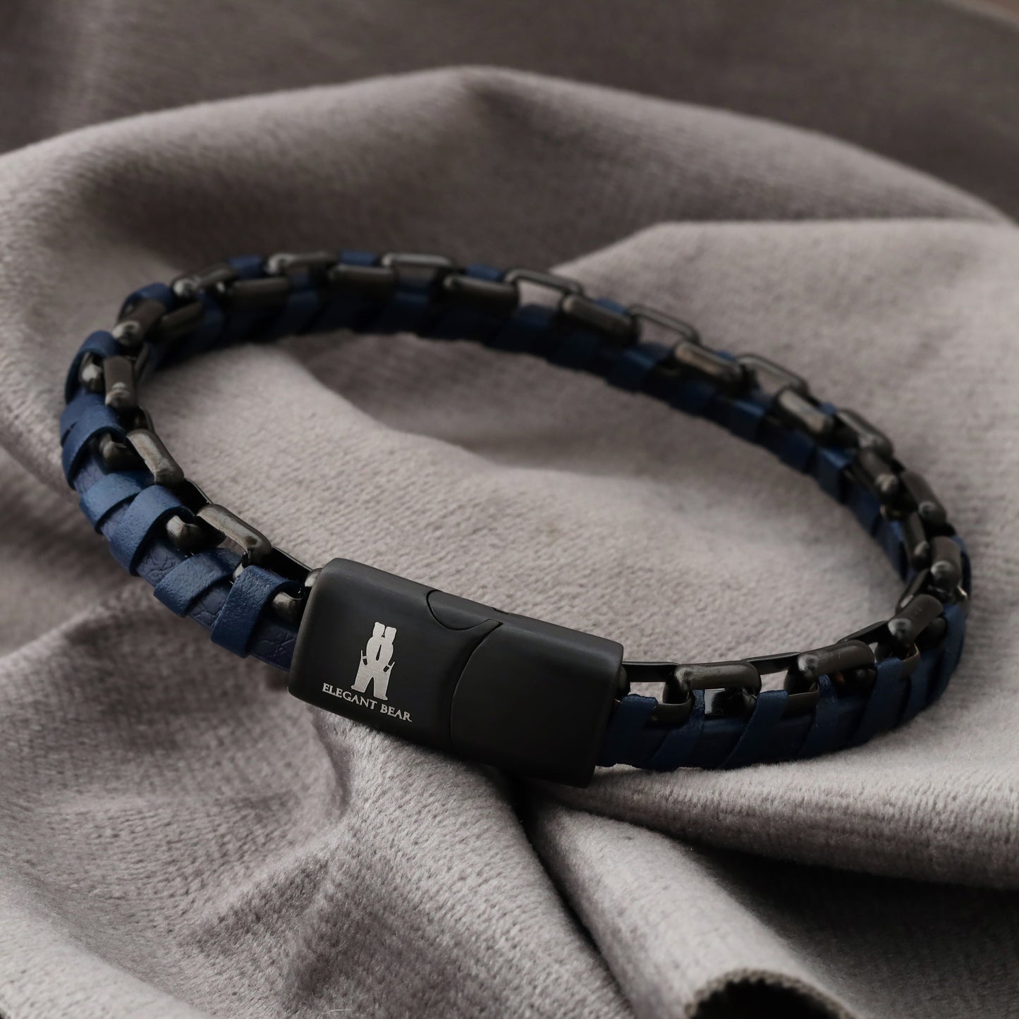 Blue Half Cuban Chain Genuine Leather Black Stainless Steel Bracelet L1211