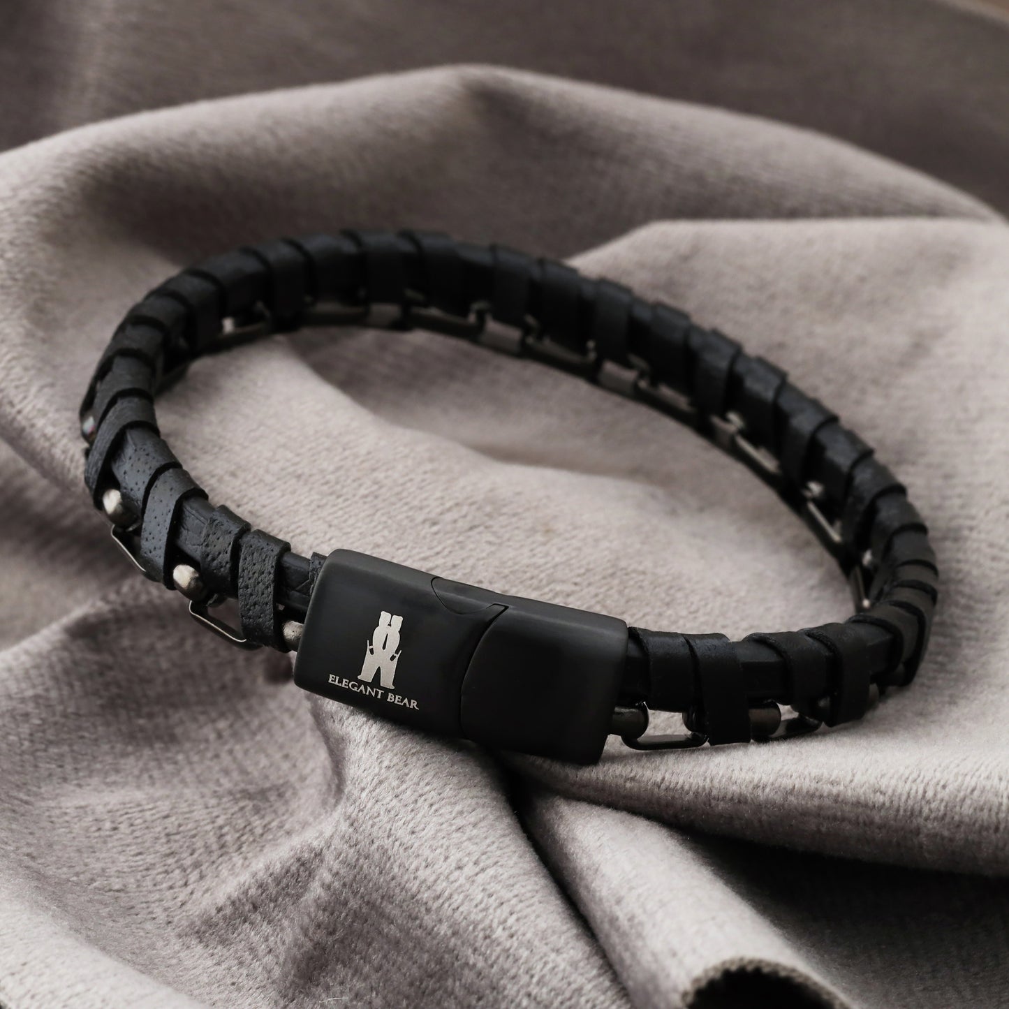 Half Cuban Chain Black Genuine Leather Black Stainless Steel Bracelet L1207