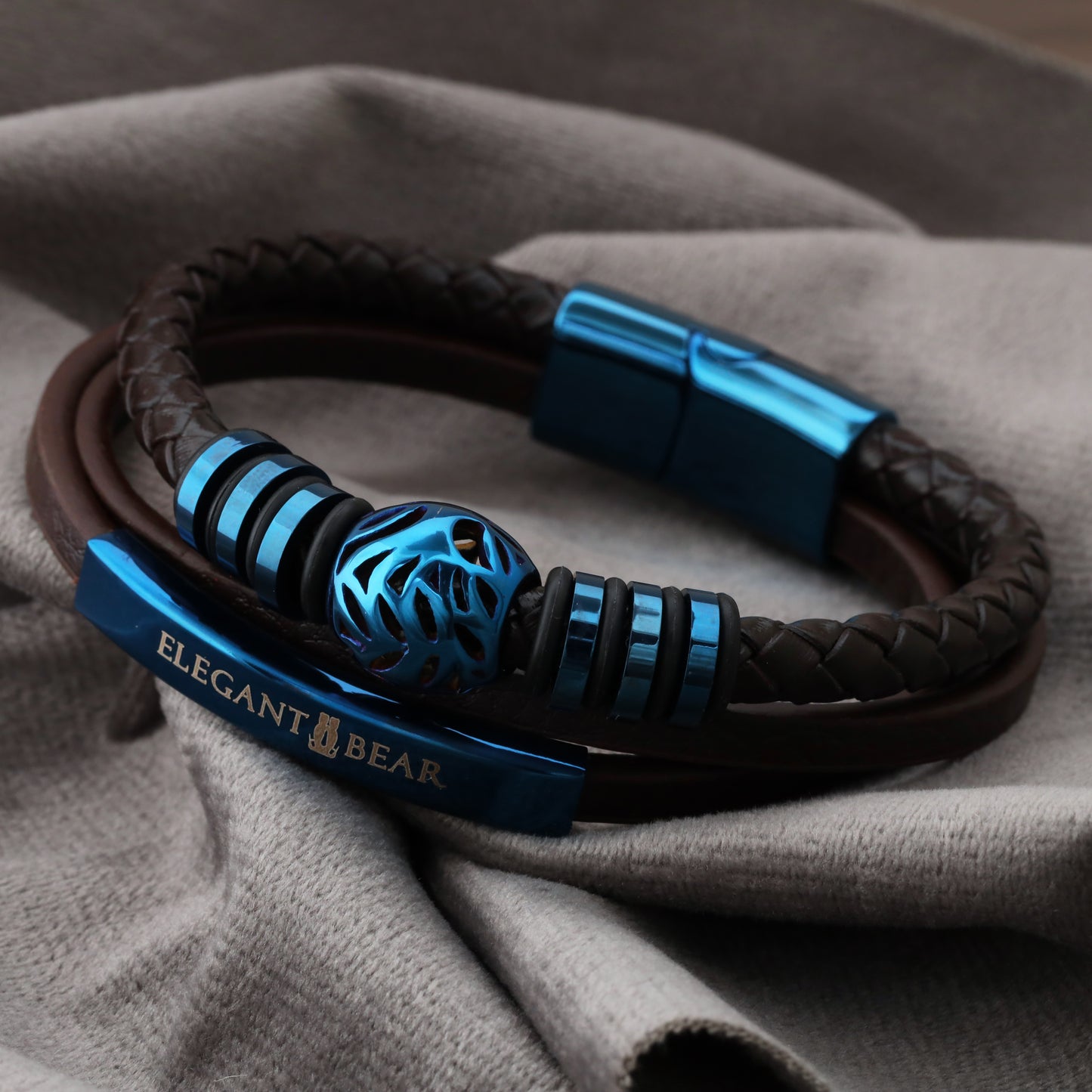 Autumn Ball Brown Genuine Leather Blue Stainless Steel Bracelet L1255