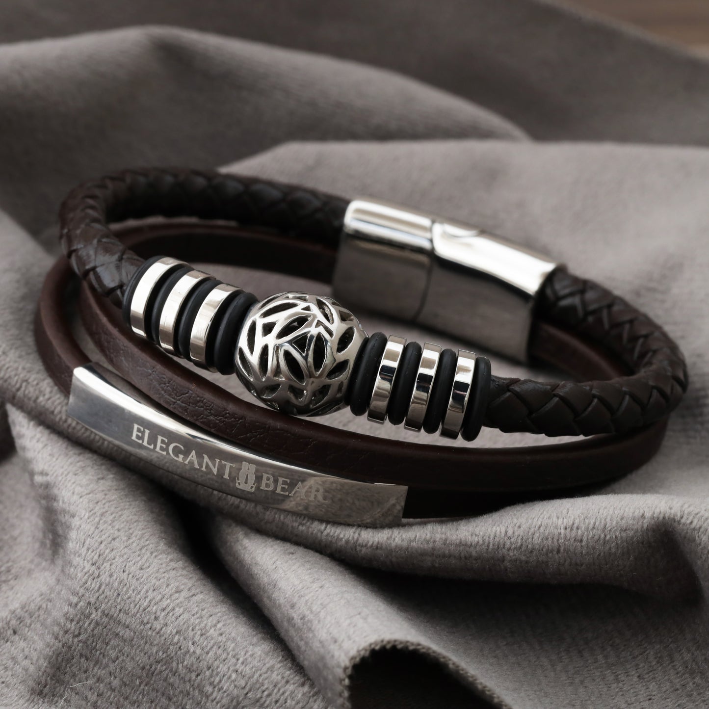Autumn Ball Brown Genuine Leather Silver Stainless Steel Bracelet L1258