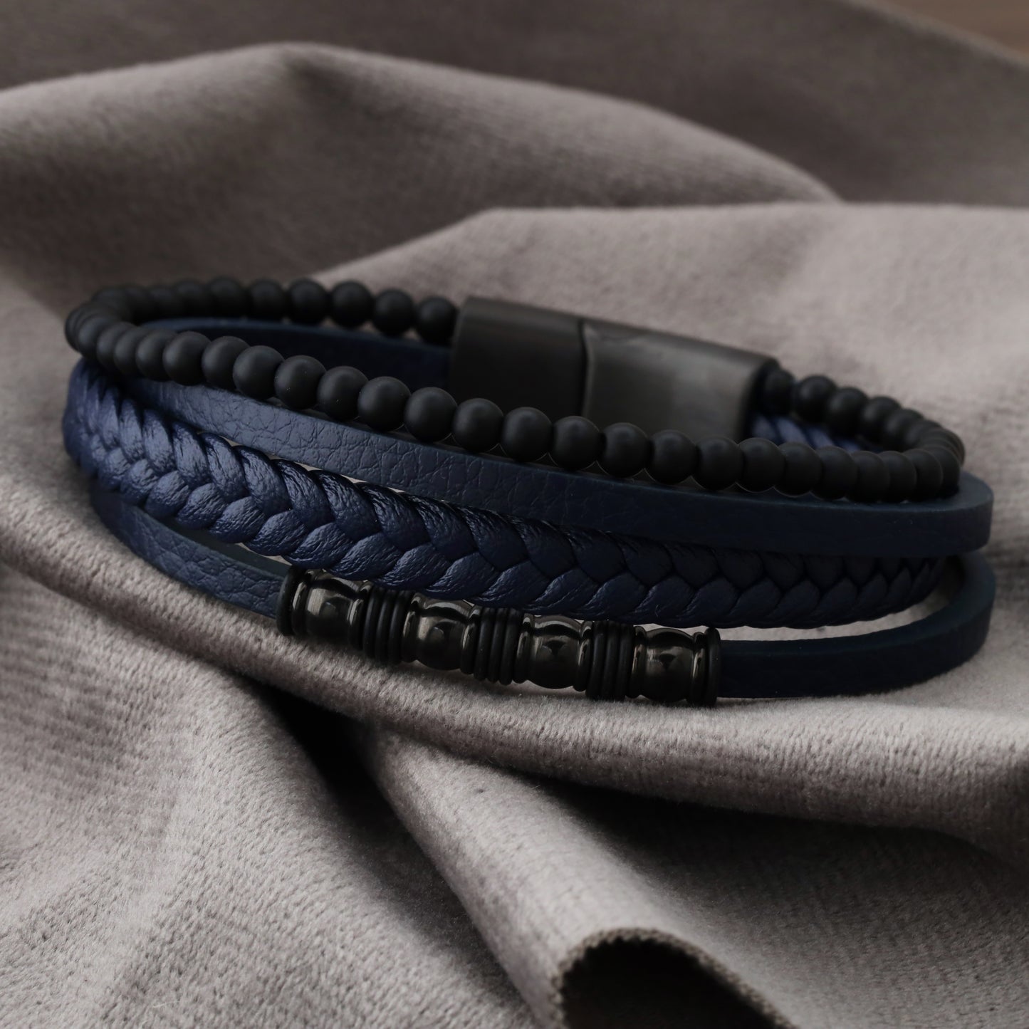 Chic Design Blue Genuine Leather Black Stainless Steel Bracelet L1245