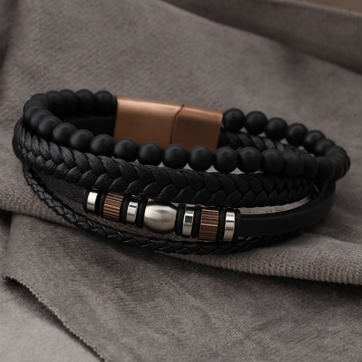 Elegant Design Black Genuine Leather Rose Gold Stainless Steel L1250