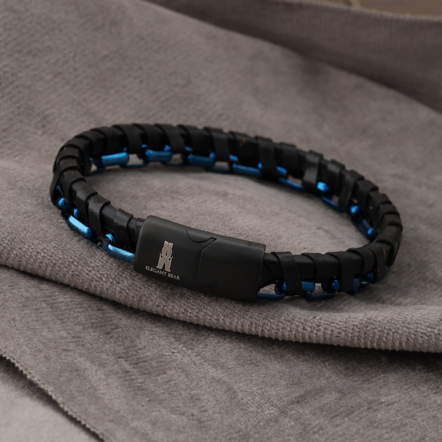 Half Cuban Chain Black Genuine Leather Blue Stainless Steel BraceletL1235