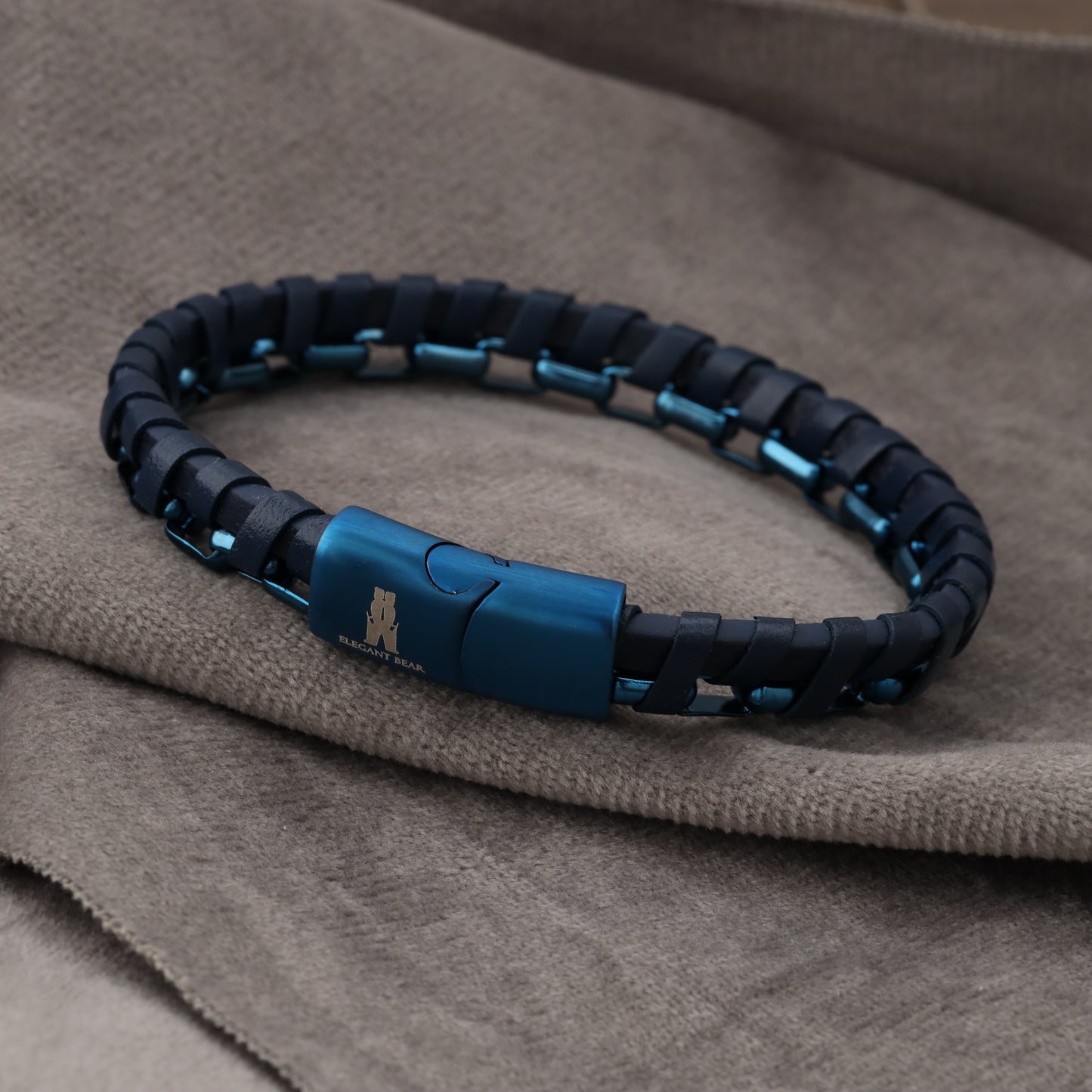 Half Cuban Chain Blue Genuine Leather Blue Stainless Steel Bracelet L1233