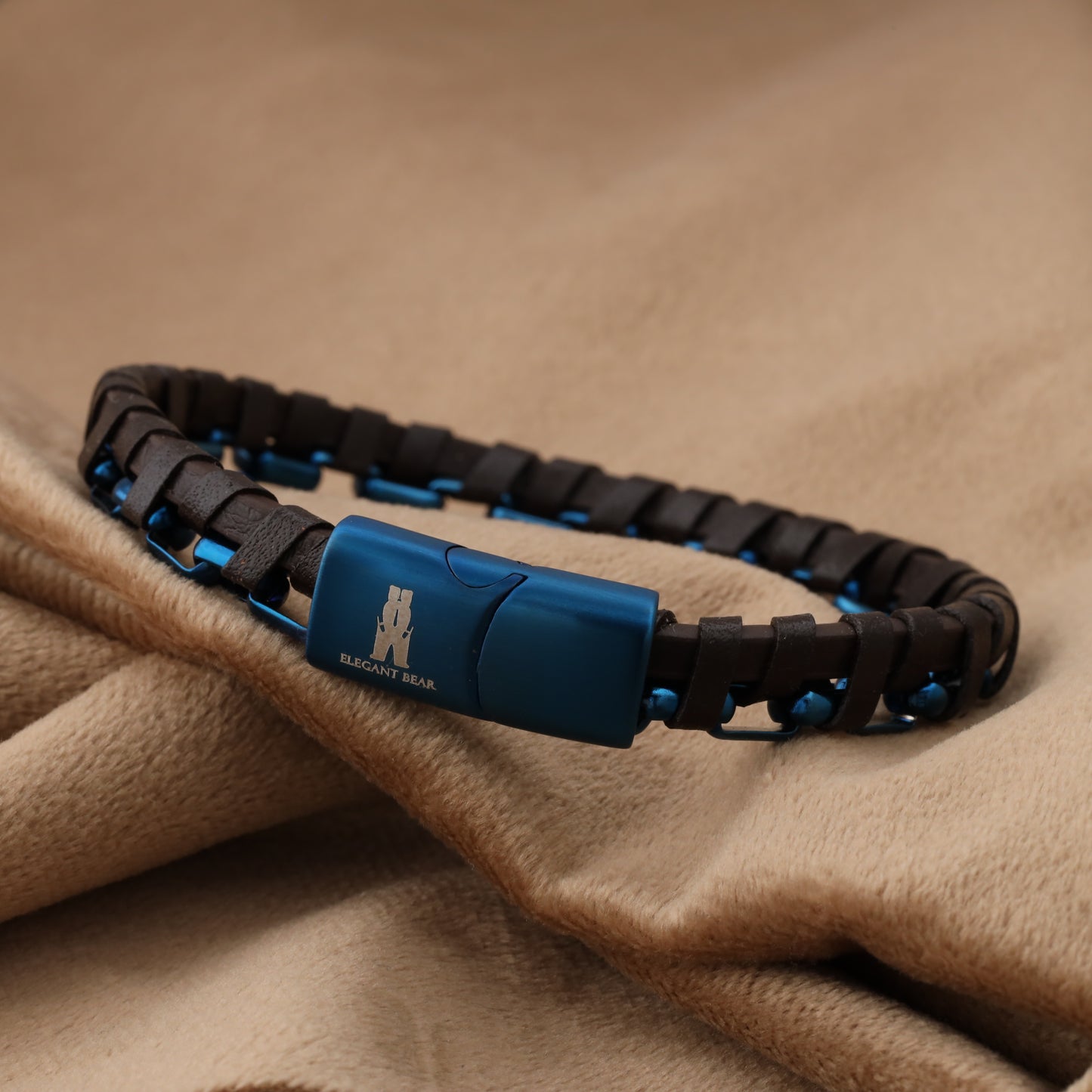 Half Cuban Chain Brown Genuine Leather Blue Stainless Steel Bracelet L1234