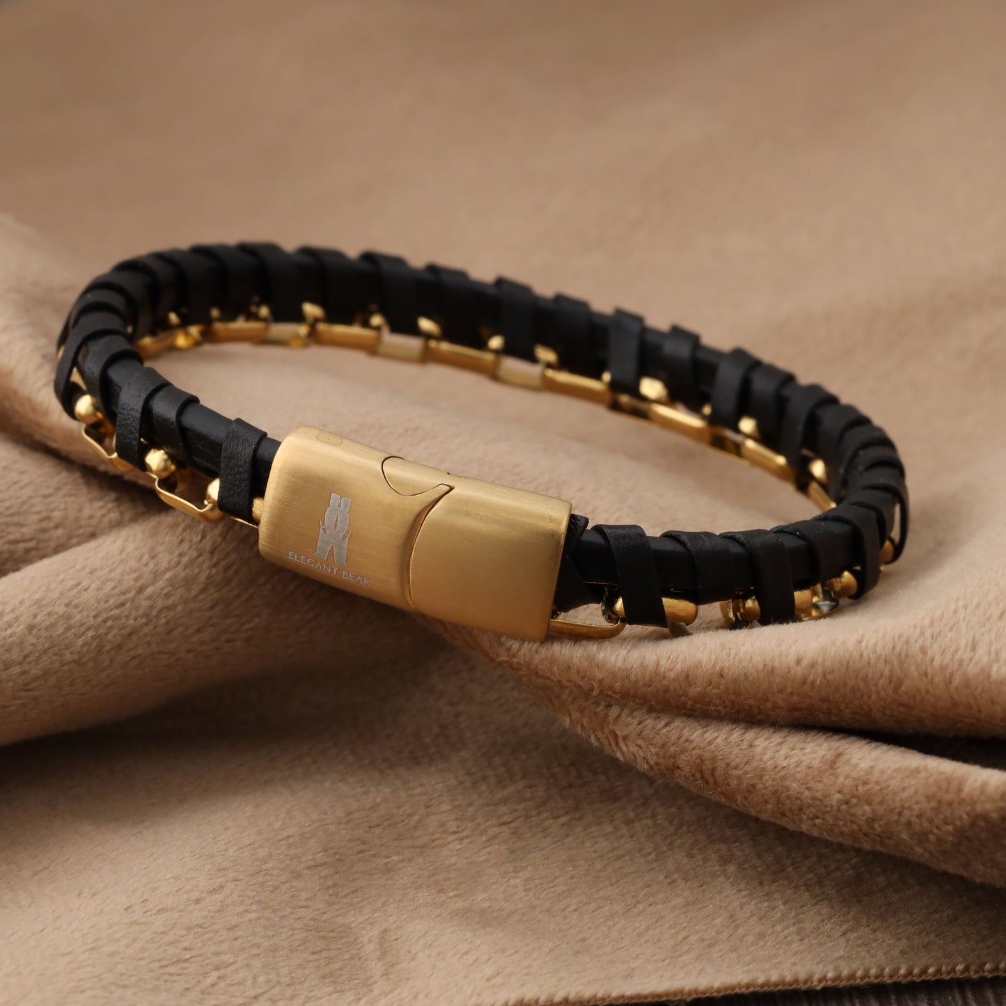 Half Cuban Chain Black Genuine Leather Gold Stainless Steel Bracelet L1230