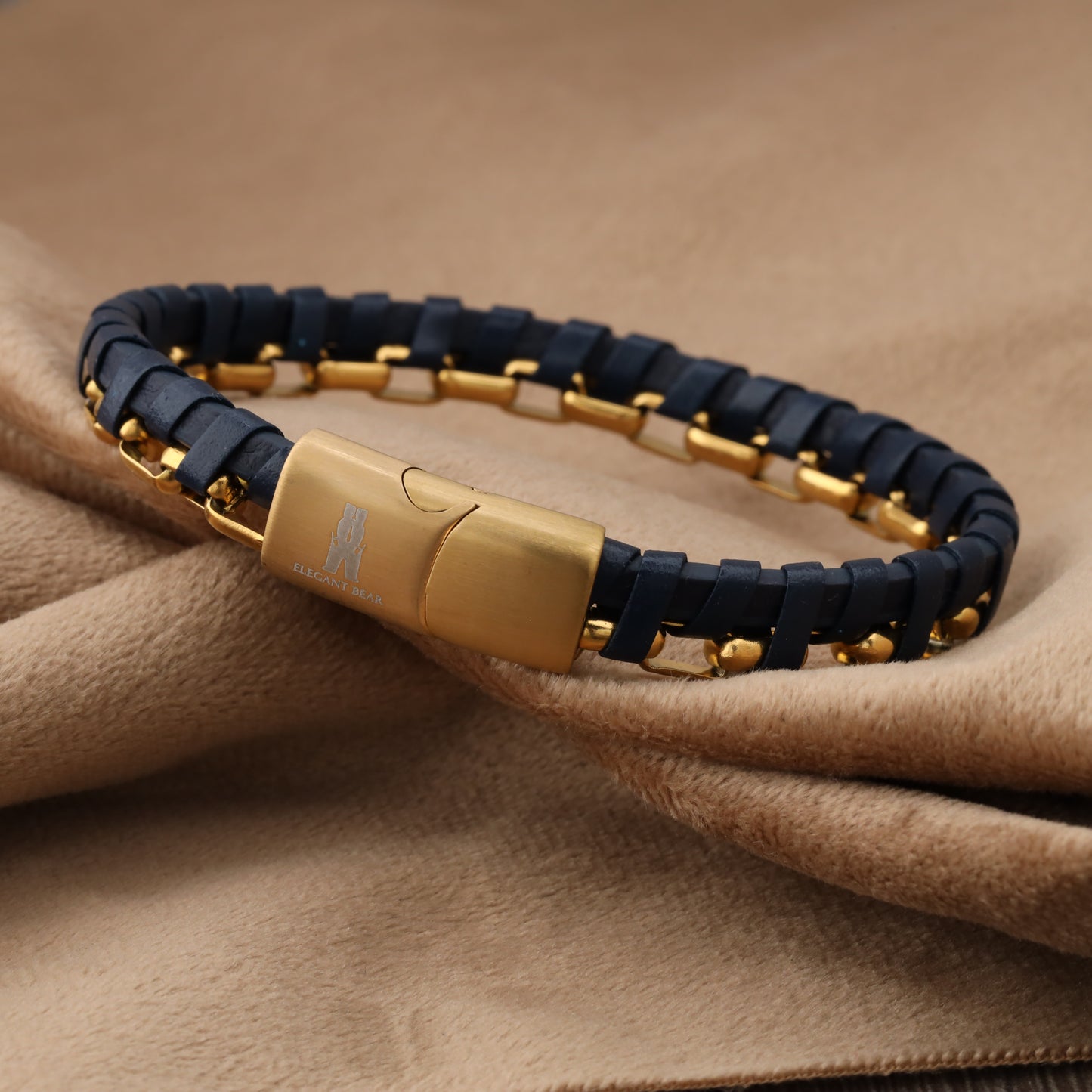 Half Cuban Chain Blue Genuine Leather Gold Stainless Steel Bracelet L1231