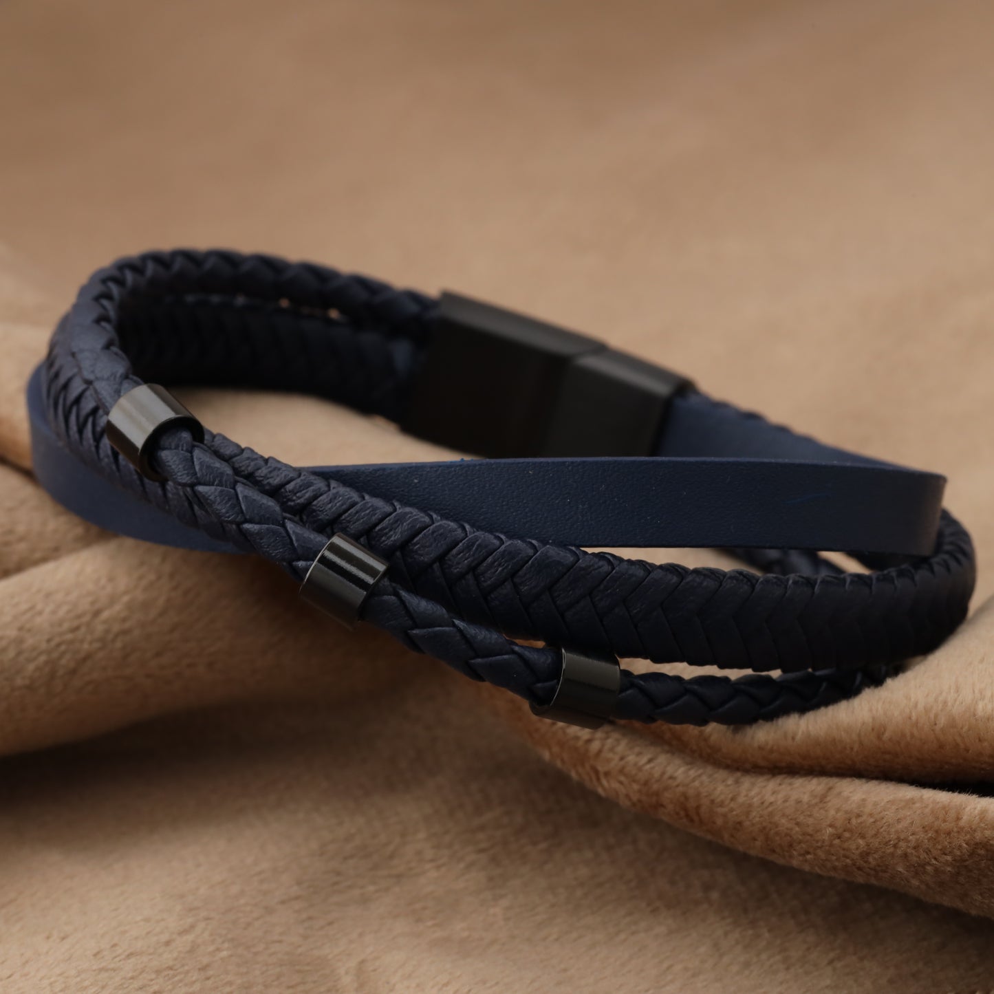 Simple Design 3 Dots Blue Genuine Leather Black Stainless Steel L1264