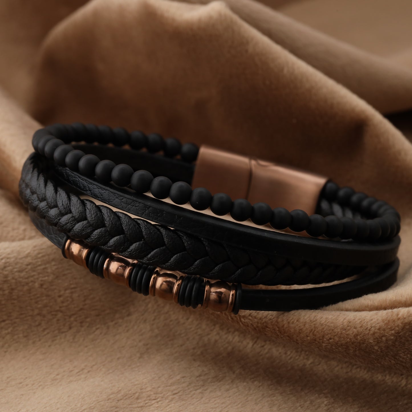 Chic Design Black Genuine Leather Rose Gold Stainless Steel Bracelet L1244