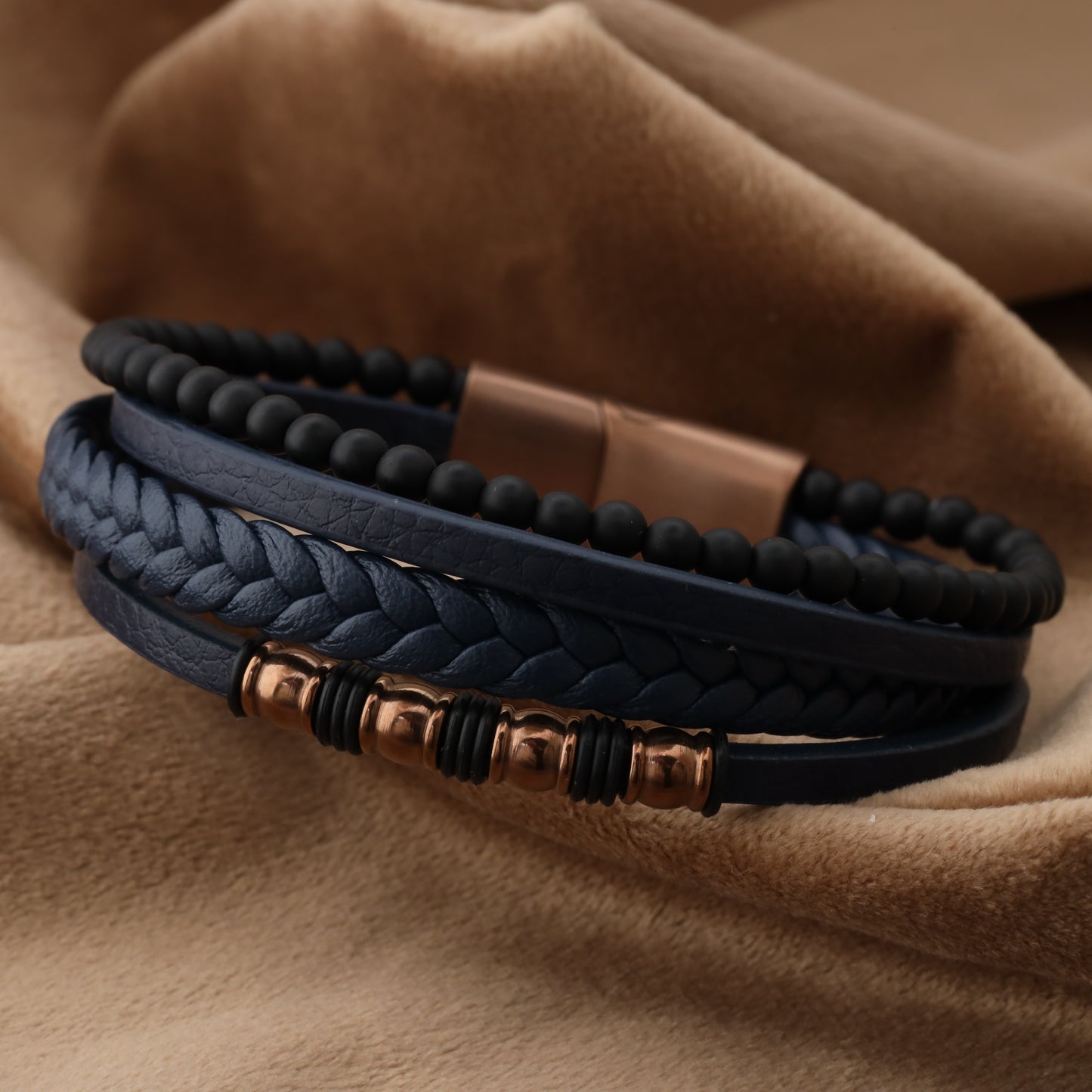 Chic Design Blue Genuine Leather Rose Gold Stainless Steel Bracelet L1242