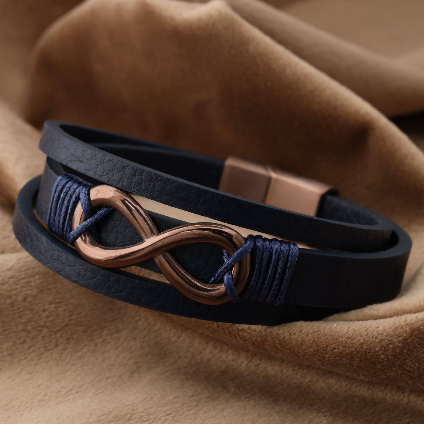 infinity Blue Genuine Leather Brown Stainless Steel Bracelet L1239