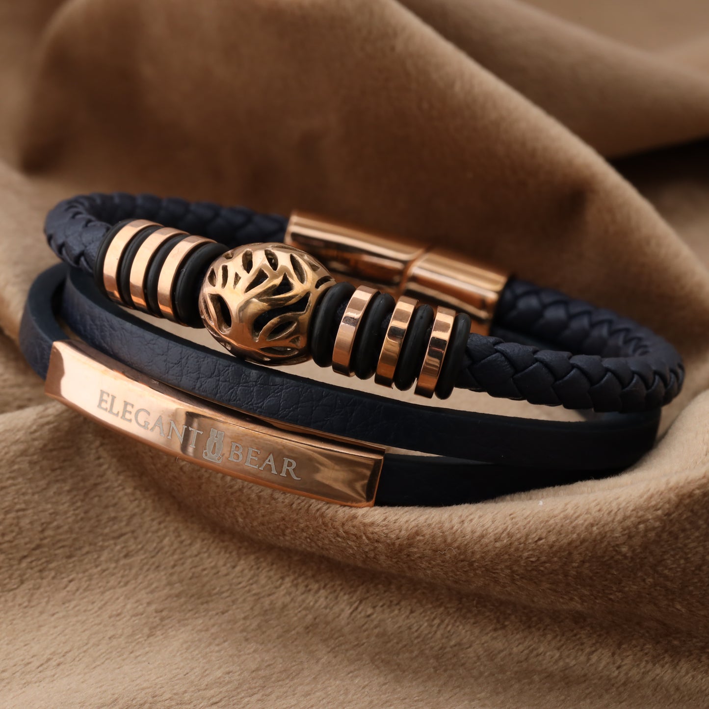 Autumn Ball Blue Genuine Leather Rose Gold Stainless Steel Bracelet L1266