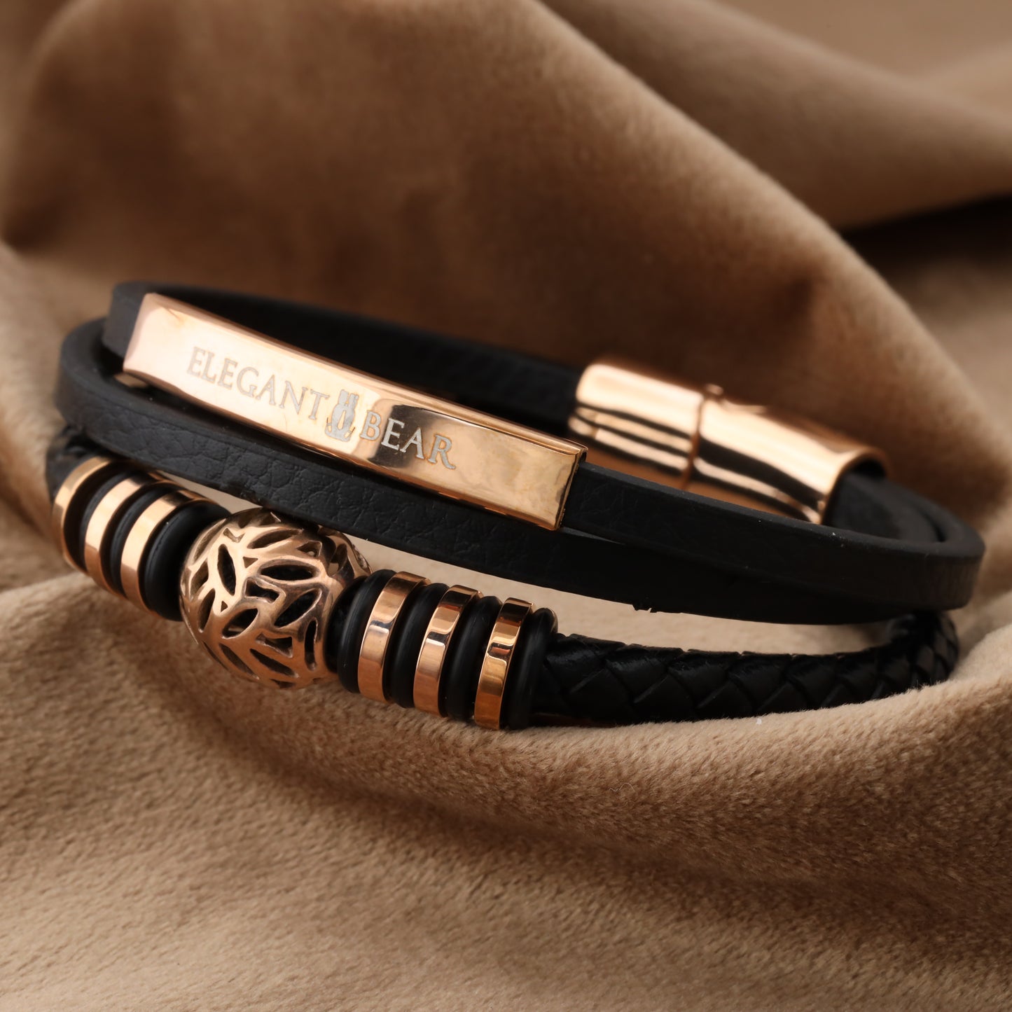 Autumn Ball Black Genuine Leather Rose Gold Stainless Steel Bracelet L1268