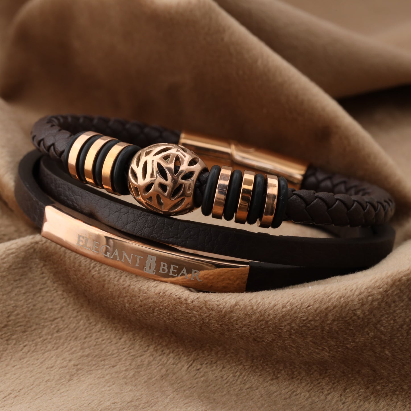 Autumn Ball Brown Genuine Leather Rose Gold Stainless Steel Bracelet L1267
