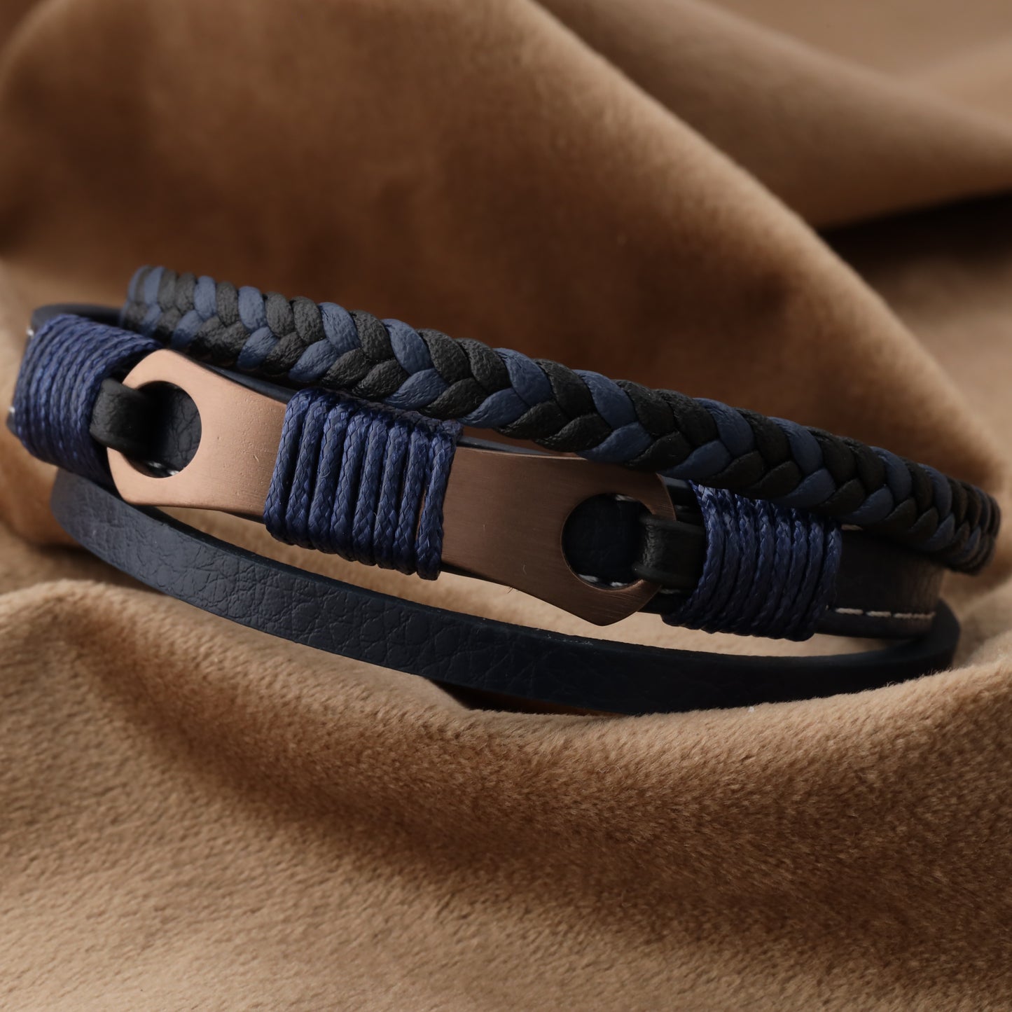 Mechanical Design Blue Genuine Leather Brown Stainless Steel Bracelet L1236