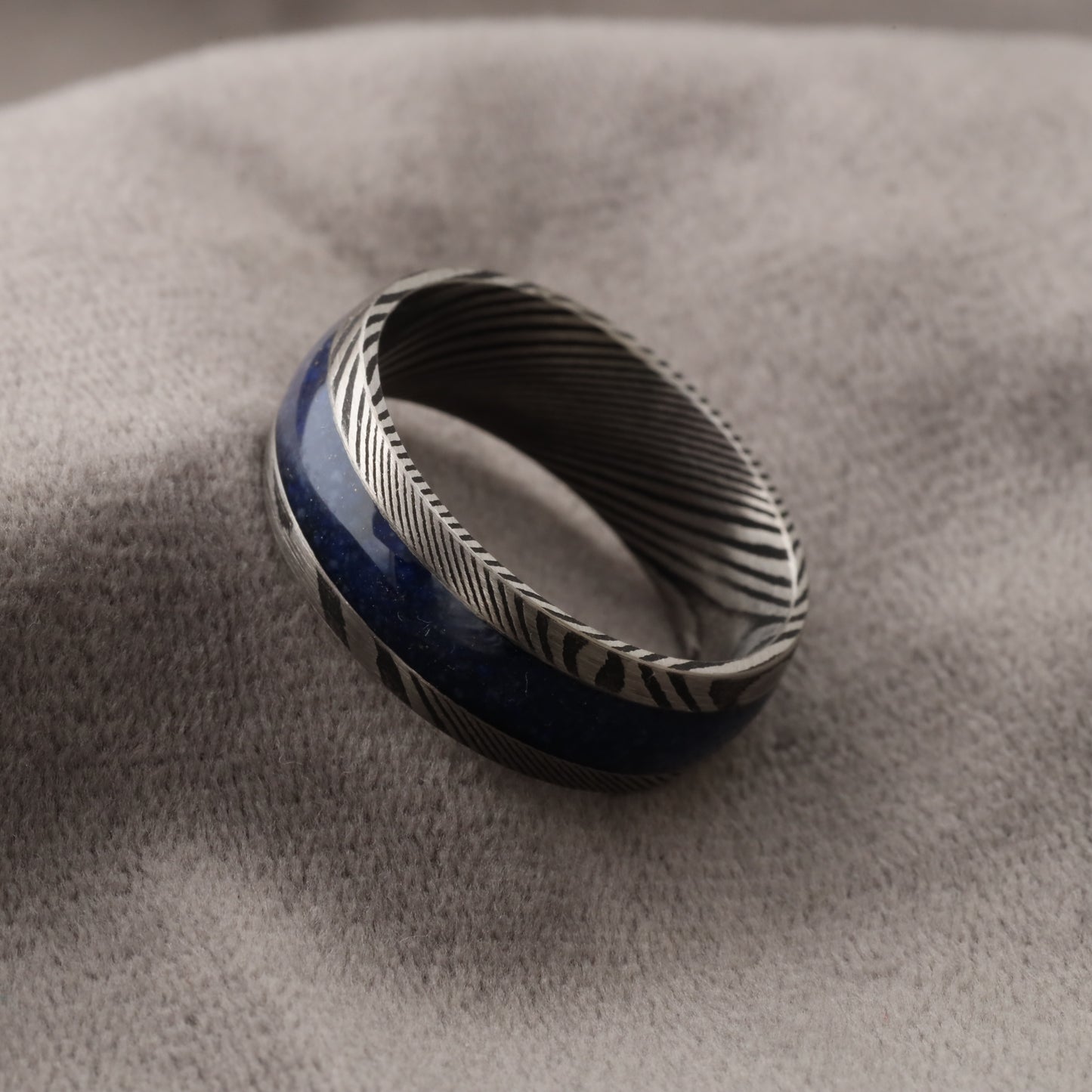 Damascus Steel Ring with Natural Lapis Lazuli Stone - 8mm - A323