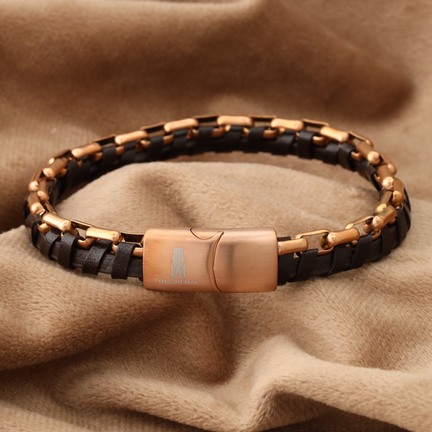 Brown Half Cuban Chain Genuine Leather Rose Gold Stainless Steel Bracelet L1212